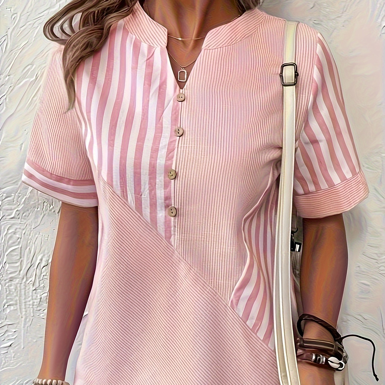 

Button Front Striped Blouse, Elegant Notched Neck Pleated Short Sleeve Blouse, Women's Clothing