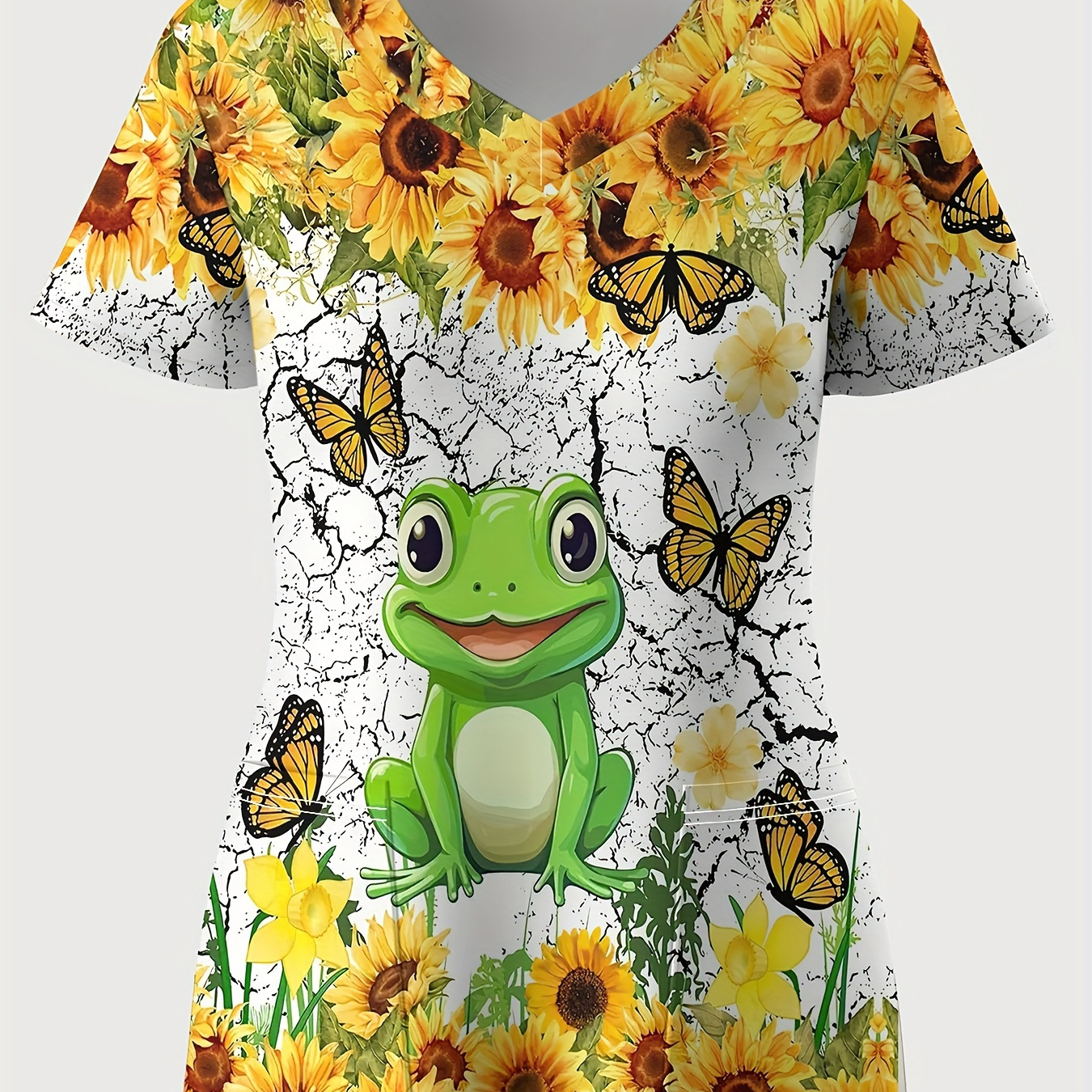 

Plus Size Chic Women's Nurse Scrub Top With Adorable Frog & Sunflower 3d Print - Elegant V-neck, Short Sleeve, Polyester Pullover With Pockets