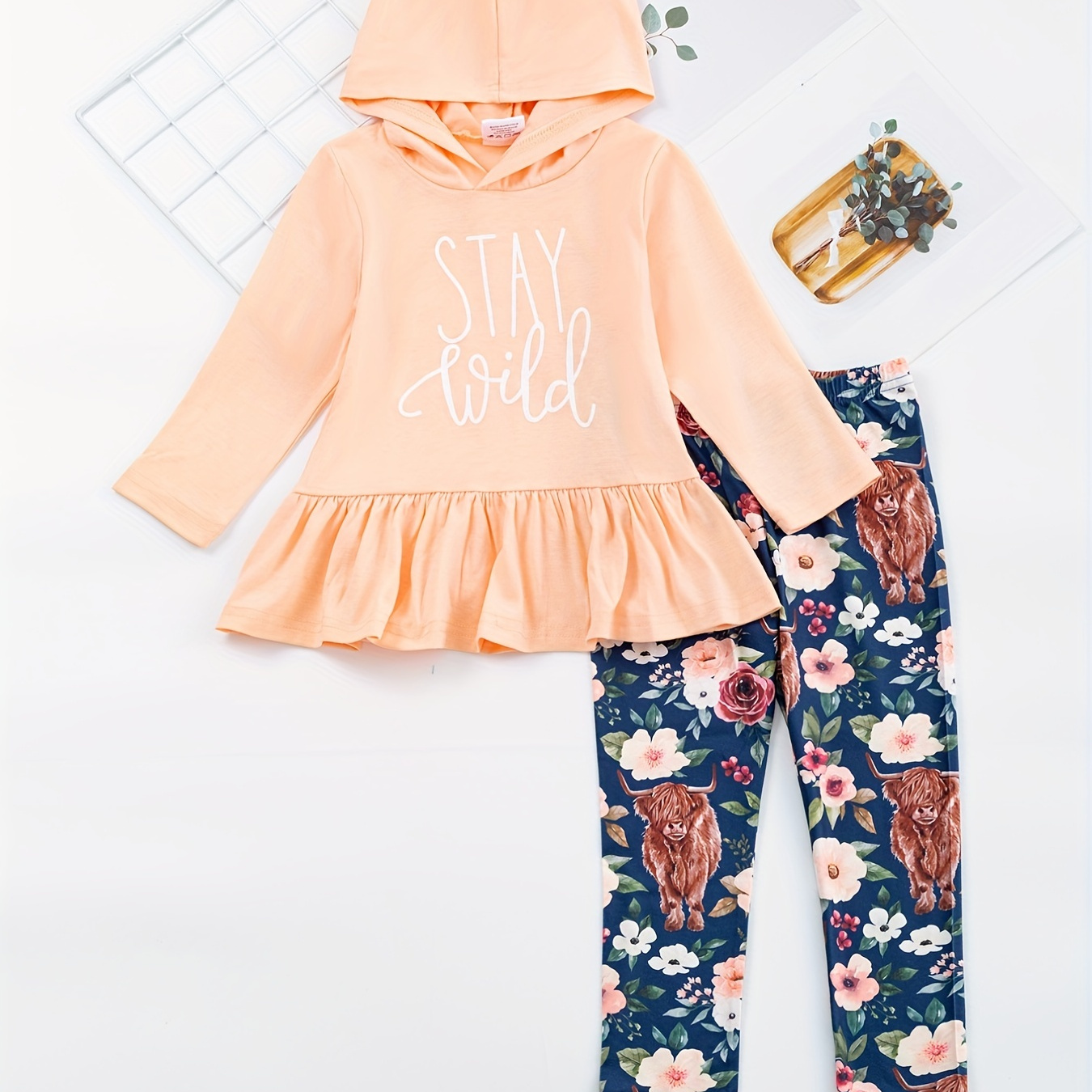 

Toddler Girl's Casual Outfit 2pcs, Peplum Hoodie & Floral Allover Print Leggings Set, Stay Wild Print Kid's Clothes For Spring Fall