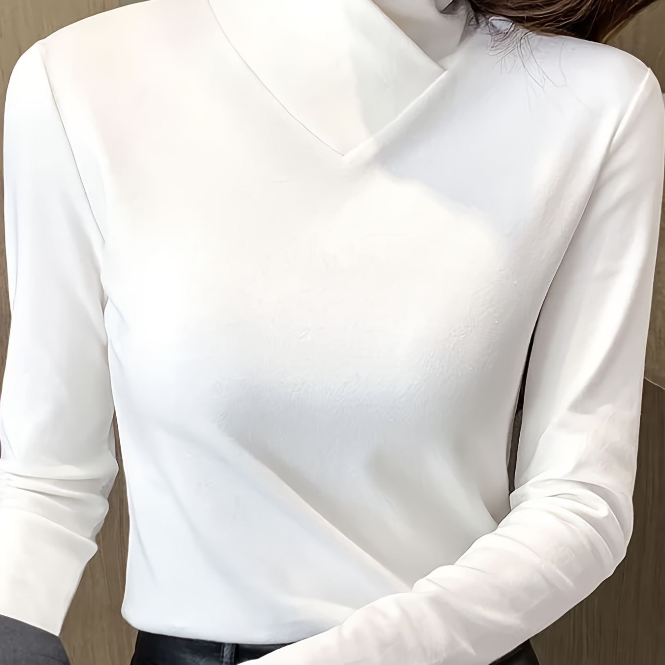 

Solid Mock Neck T-shirt, Casual Long Sleeve Top For Fall & Winter, Women's Clothing