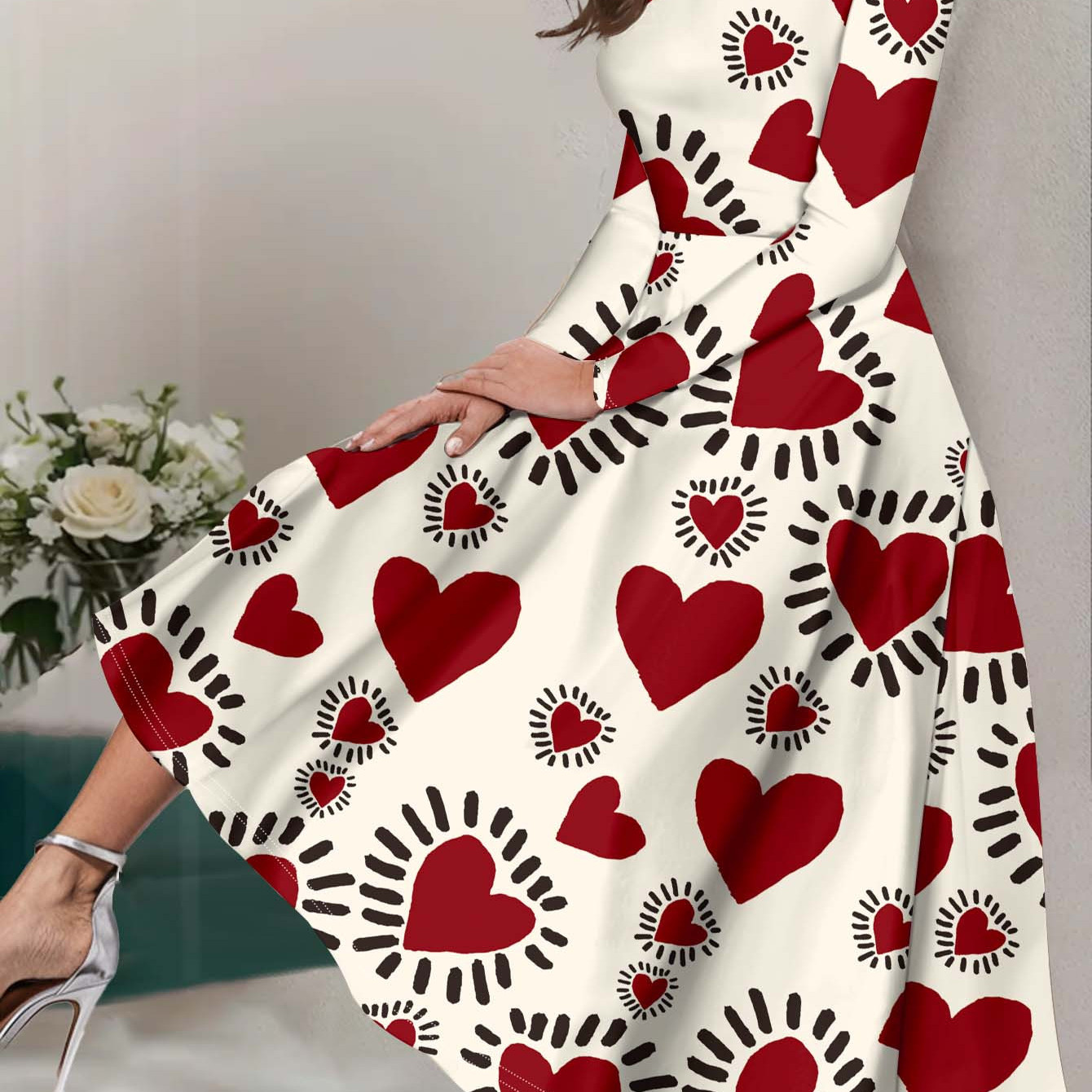 

Elegant Polyester Maxi Dress For Women - Geometric Heart Pattern, Long Sleeve, Crew Neck, Knit Fabric, A-line Dress With Detail