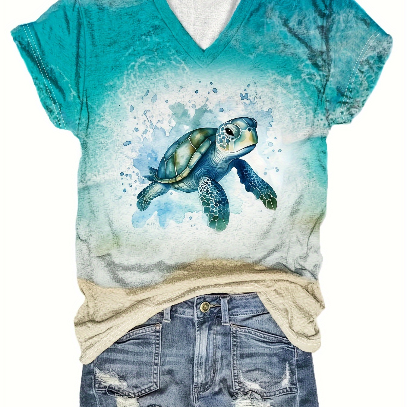

Turtle Print Tie Dye V-neck Top, Versatile Short Sleeve Loose T-shirt For Spring & Summer, Women's Clothing