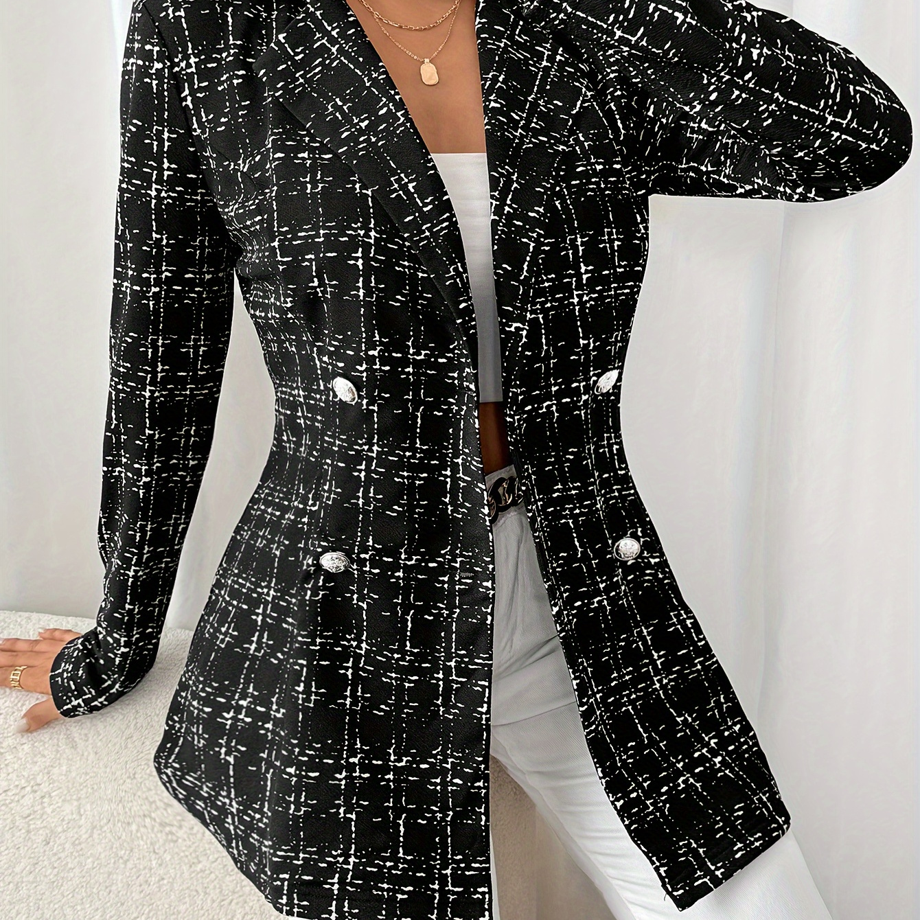 

Blazer à carreaux pour femmes, double boutonné, mélange de polyester et de spandex, col à , tissu tricoté, veste décontractée et chic pour , style français pour /été/automne