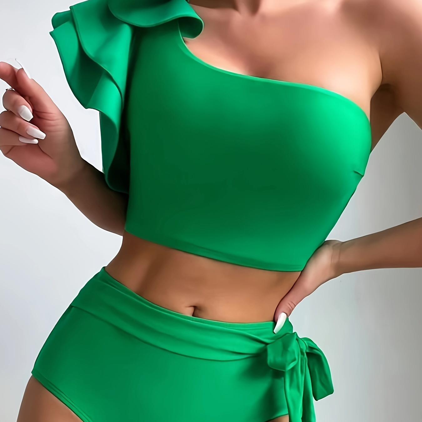 

Asymmetric Ruffle Knot Side 2 Piece Set Bikini, 1 Shoulder Plain High Waisted Stretchy Swimsuits, Women's Swimwear & Clothing
