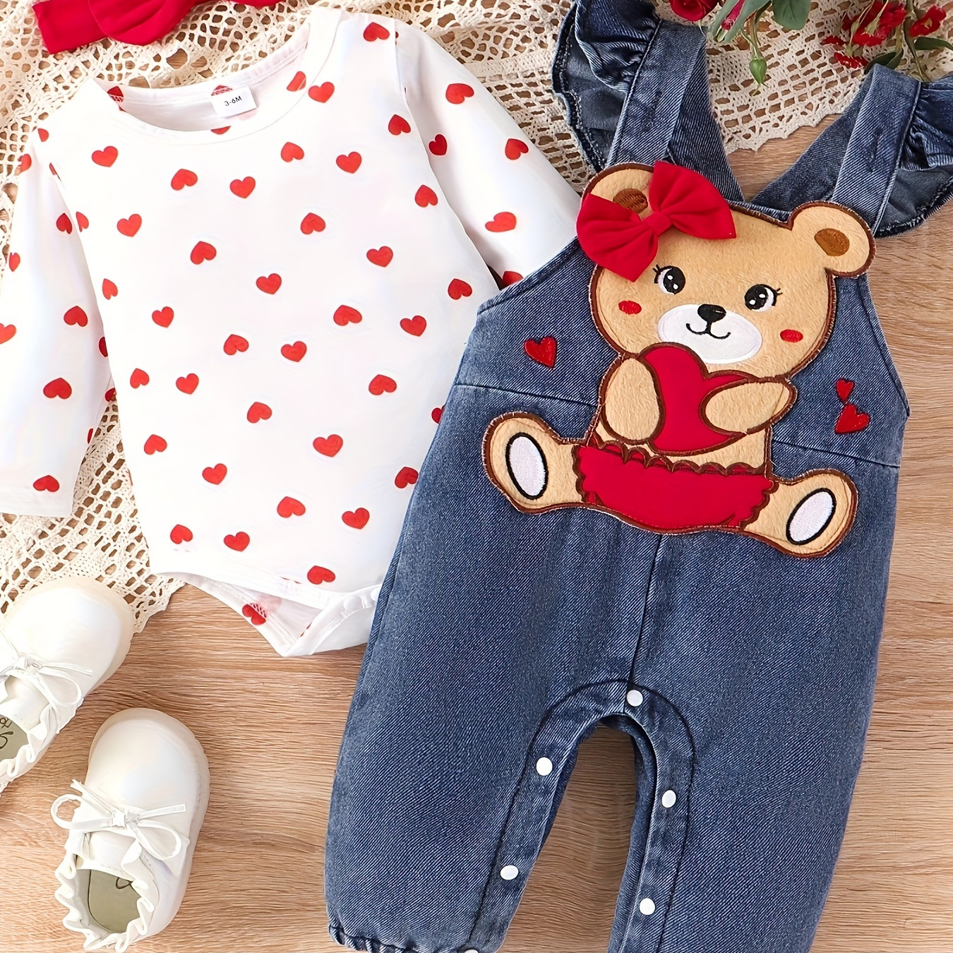 

2pcs Infant & Toddler's Cute Bear Patchwork Denim Jumpsuit Set, Cartoon Heart Pattern Romper & Overalls, Baby Girl's Clothes