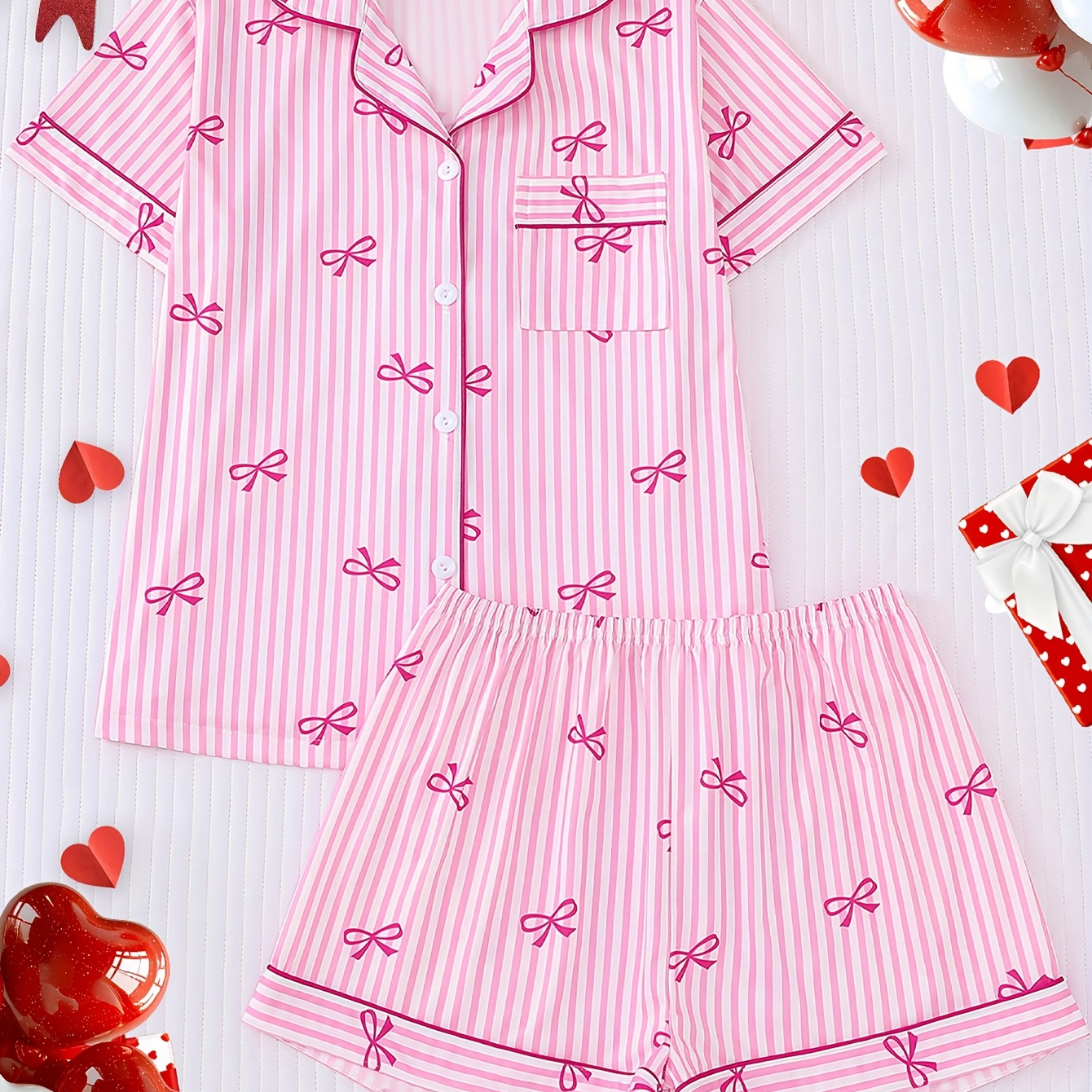 

Women's 2pcs Flamingo Print Pajama Set - Short Sleeve Collared Top & Waist Shorts, Striped Polyester Loungewear, Machine Washable