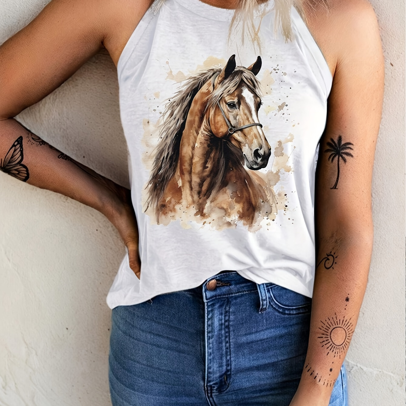 

Horse Print Crew Neck Tank Top, Casual Sleeveless Top For Spring & Summer, Women's Clothing
