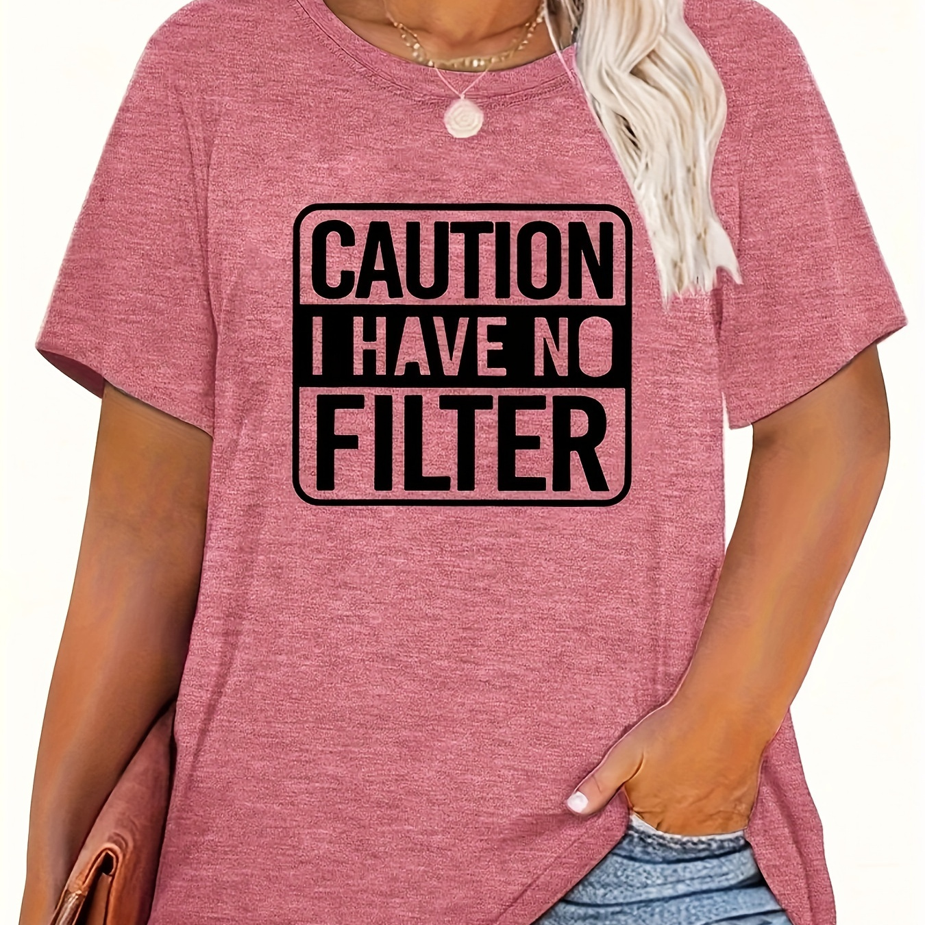 

1pc Women's Casual Crew Neck T-shirt With "caution I Have " Slogan, Rayon/viscose , Slight Stretch Knit Fabric, Alphabet Pattern, Short Sleeve Top