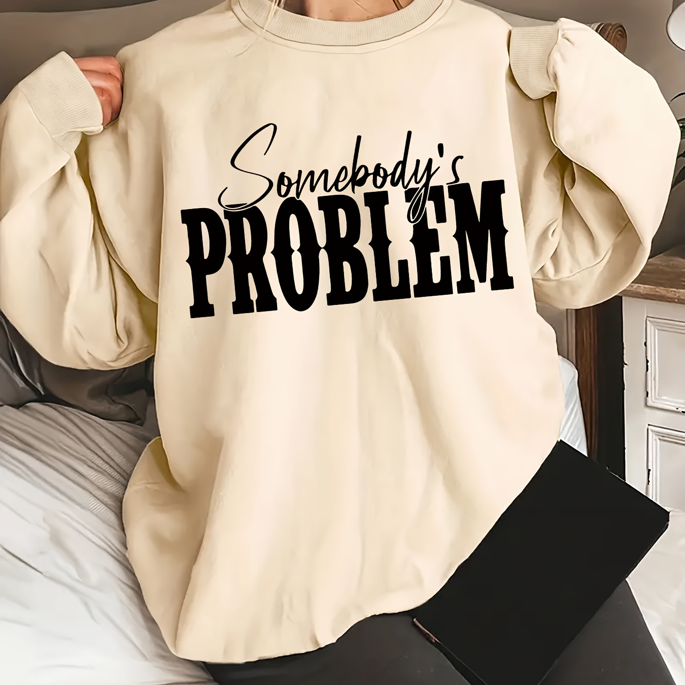 

Problem Print Pullover Sweatshirt, Casual Long Sleeve Crew Neck Sweatshirt For Fall & Winter, Women's Clothing