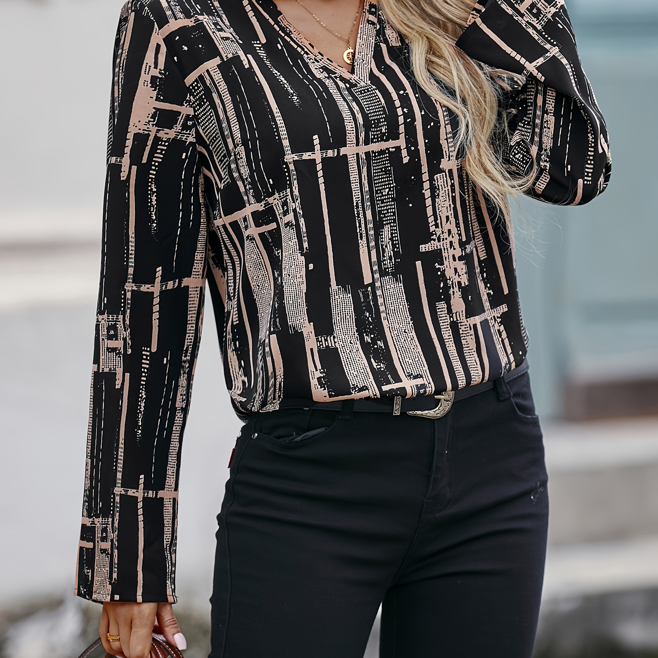 

All Over Print V Neck Blouse, Elegant Long Sleeve Blouse, Women's Clothing