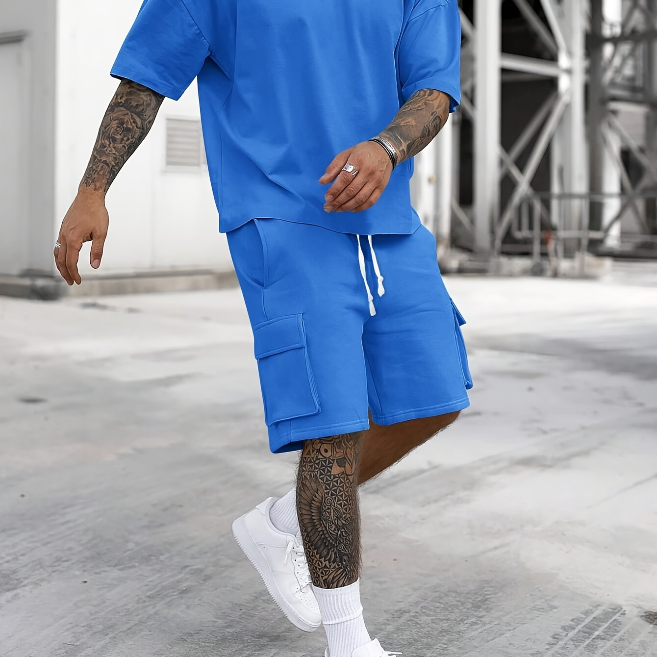 

Men's Outfit, Loose Solid Casual Crew Neck Short Sleeve T-shirt & Drawstring Shorts 2-piece Set For Summer Outdoor Activities