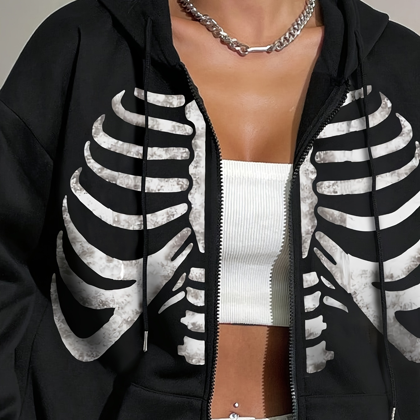

Skull Print Zipper Hoodie, Casual Long Sleeve Slant Pocket Hoodie, Women's Clothing