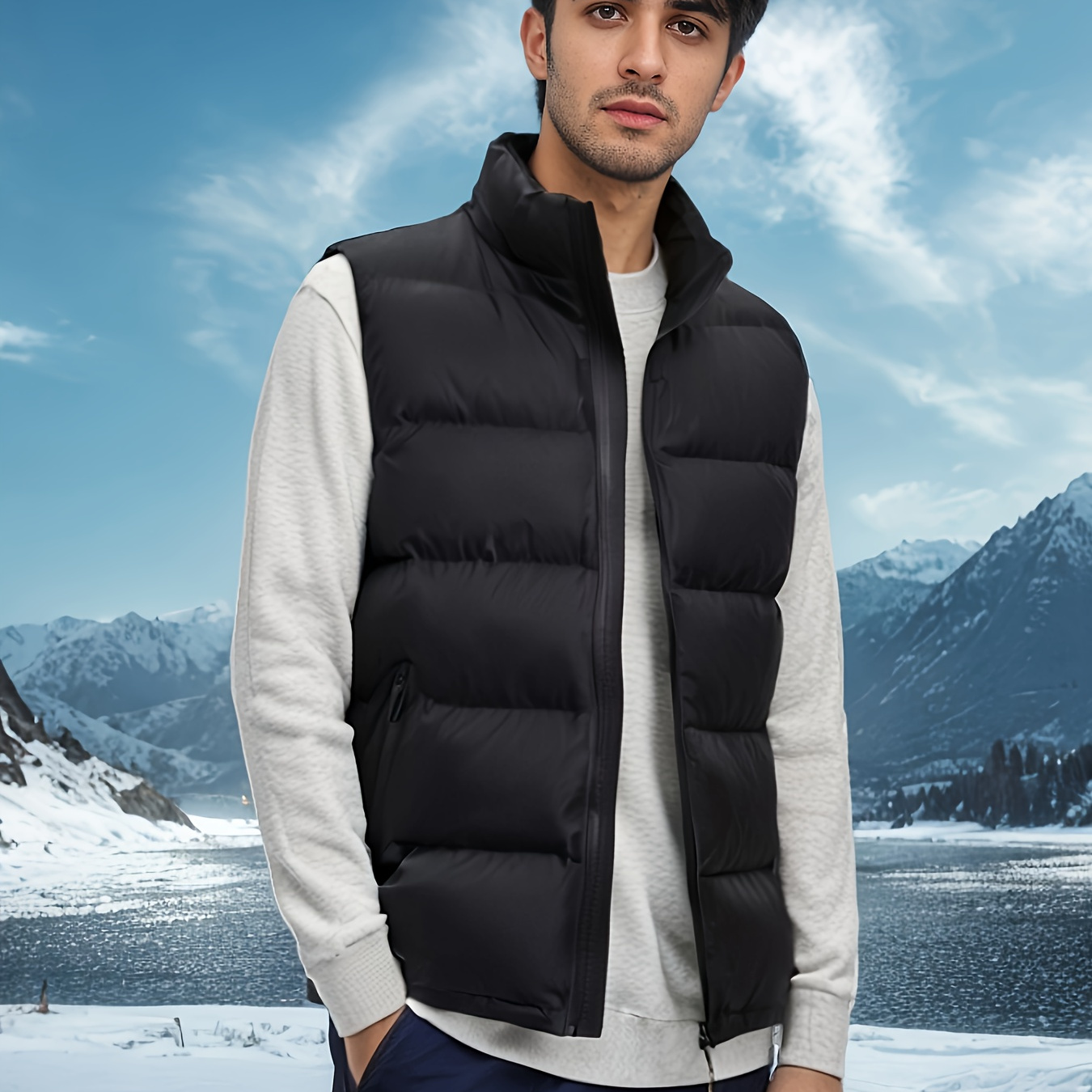 

| Men' Black Puffer Vest With Built-in Pockets – Warm, , Comfortable Polyester, Sleeveless Jacket For All , Ideal For Outdoor Activities