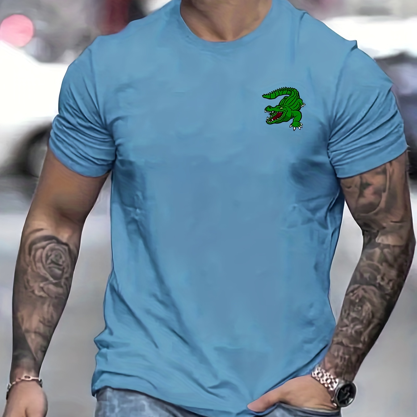 

Fierce Cartoon Crocodile Print Men's Crew Neck T-shirt For Summer Outdoor
