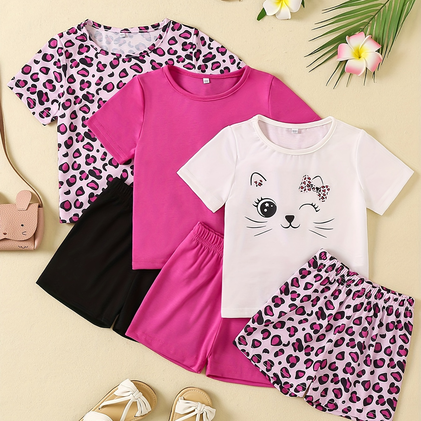 

6pcs Girls Summer New Cozy Pajama Sets – Leopard Print Kitten Pattern Short Sleeve T-shirt Top & Matching Shorts Sets, Comfy Breathable Pj Sets, Children's Easy-care Sleepwear Outfit