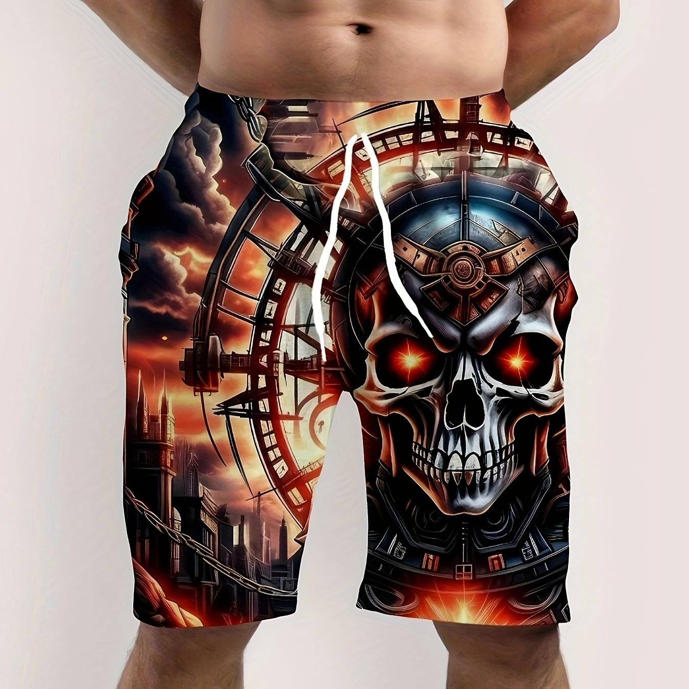 

Skull Print Quick Drying Beach Shorts, Men's Casual Waist Drawstring Shorts For Summer Resort