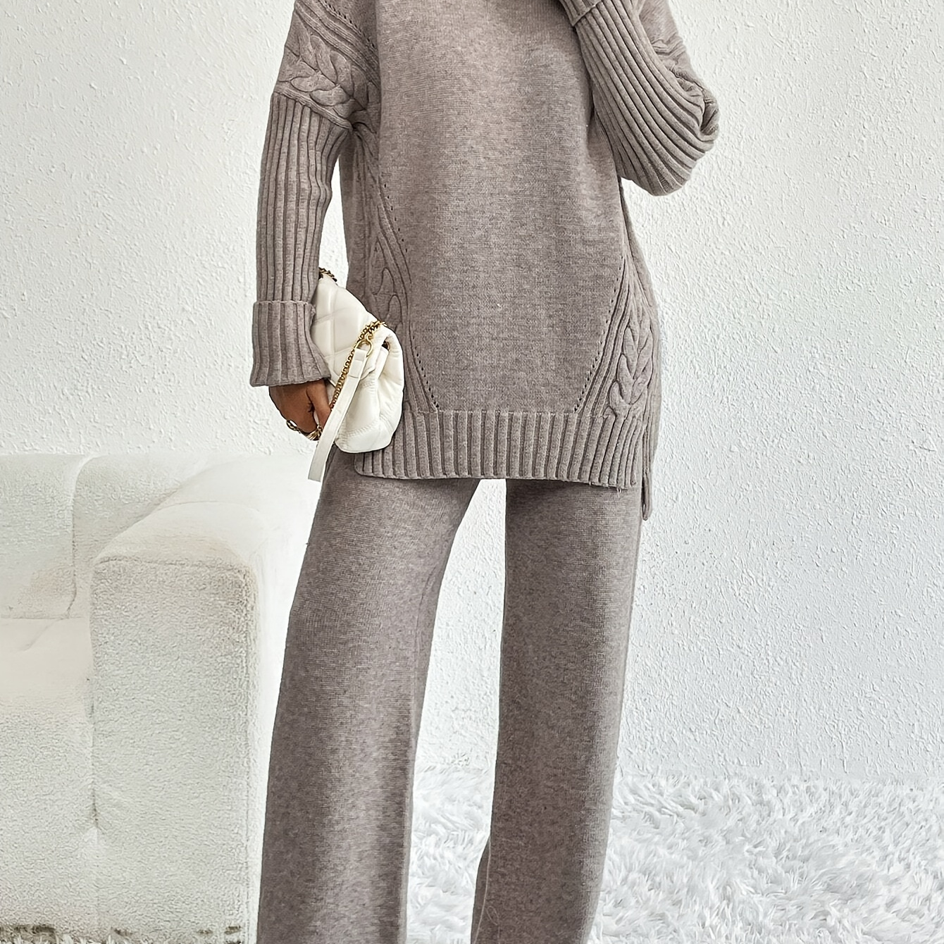 

Plain Color Knitted Pantsuits, Cable Knit Turtle Neck Split Hem Pullover Sweater & Wide Leg Pants, Women's Clothing