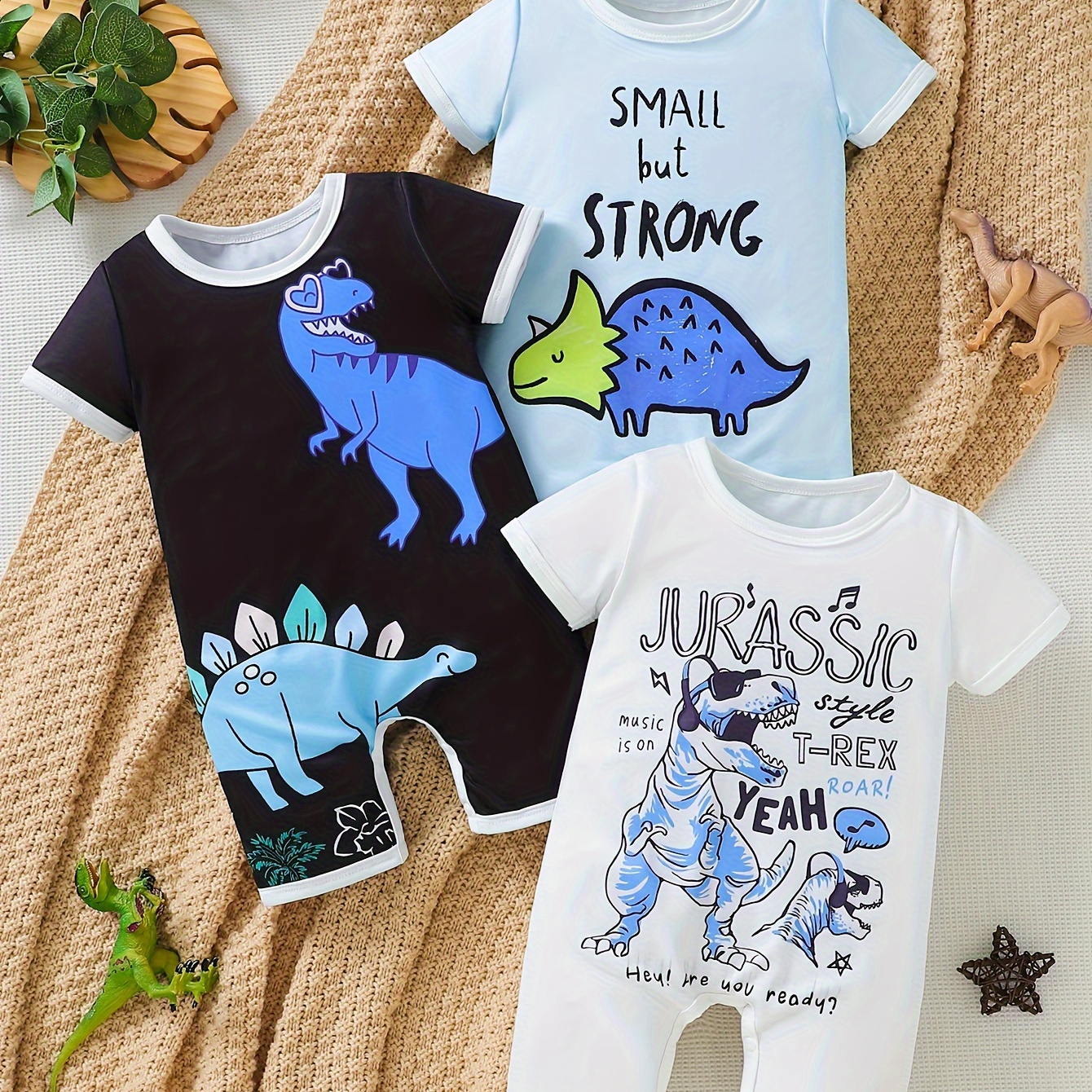 

3pcs Baby's Cartoon Dinosaur Print Bodysuit, Casual Short Sleeve Romper, Toddler & Infant Boy's Clothing For Spring Summer Fall
