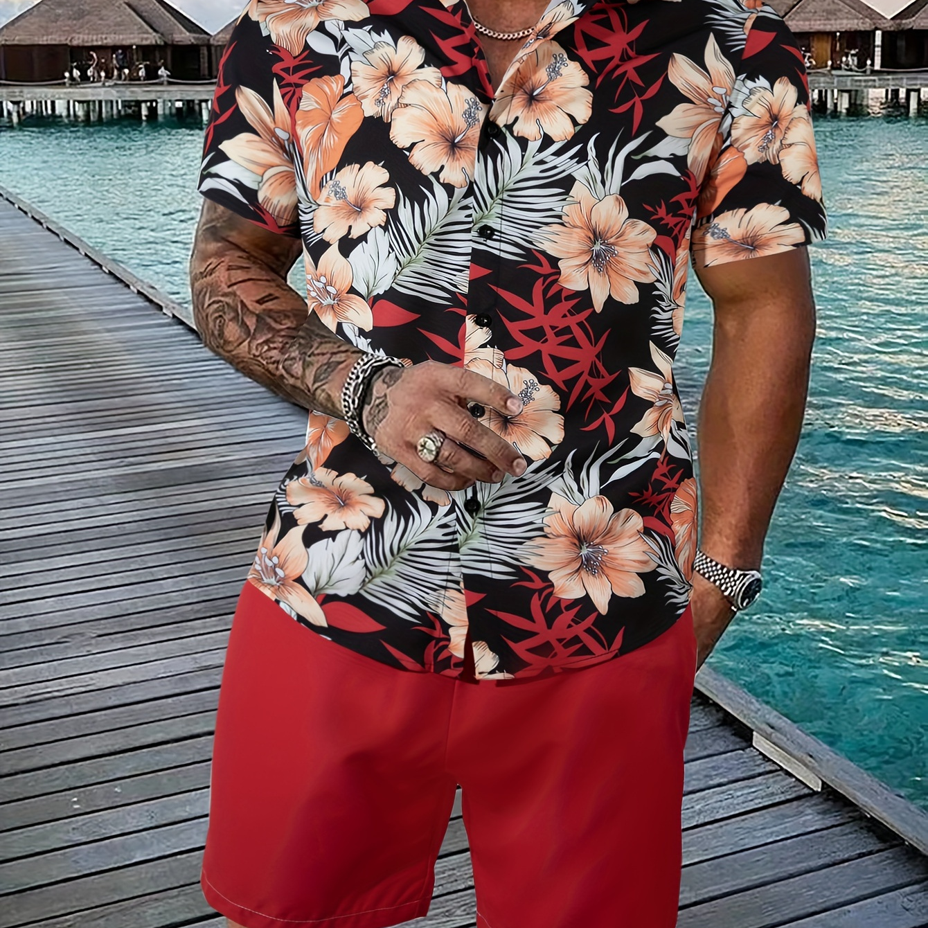 Plus Size Men's Floral Graphic Print Shirt & Shorts Set For Hawaiian Beach Vacation, Men's Clothing