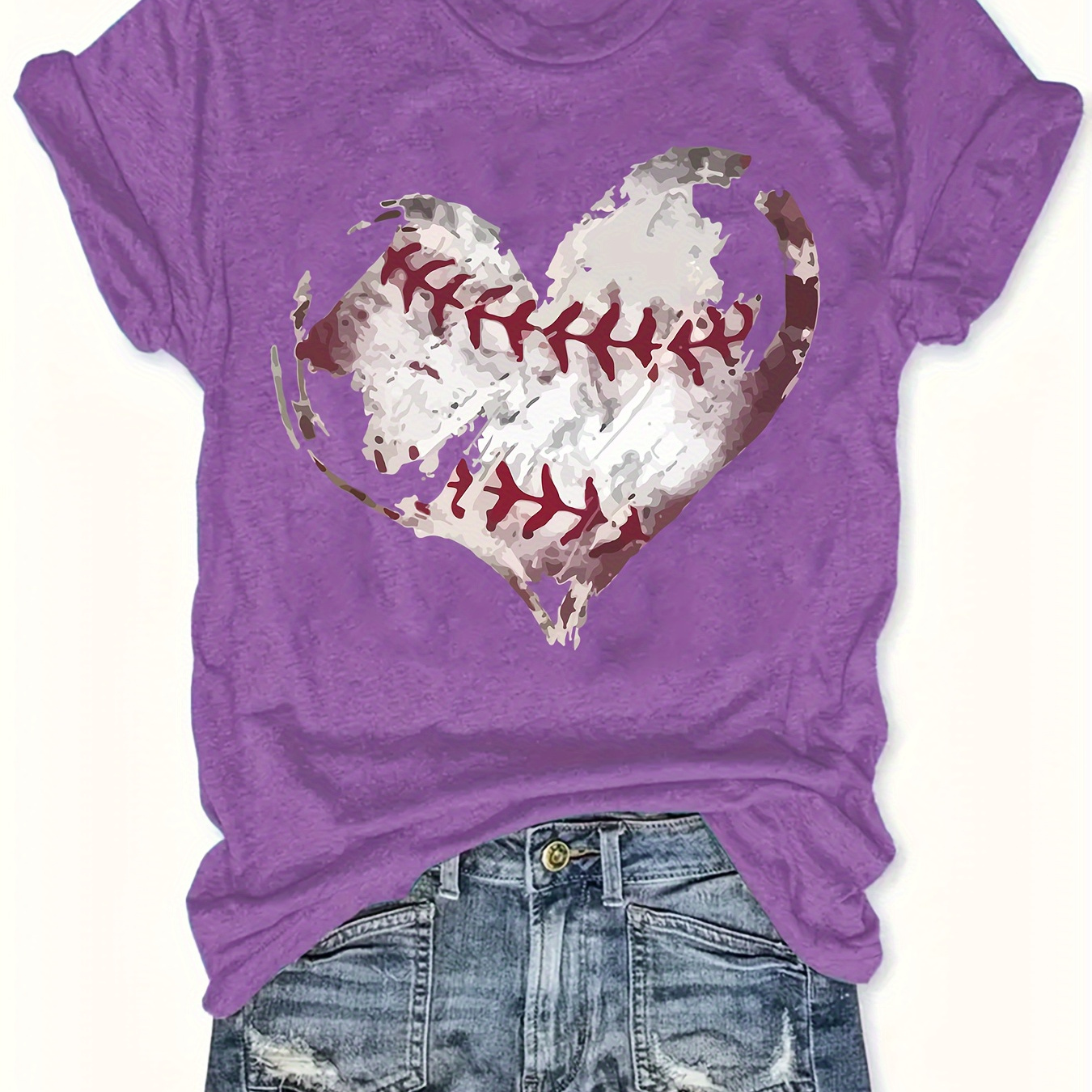 

Plus Size Baseball & Heart Print T-shirt, Casual Short Sleeve Top For Spring & Summer, Women's Plus Size Clothing