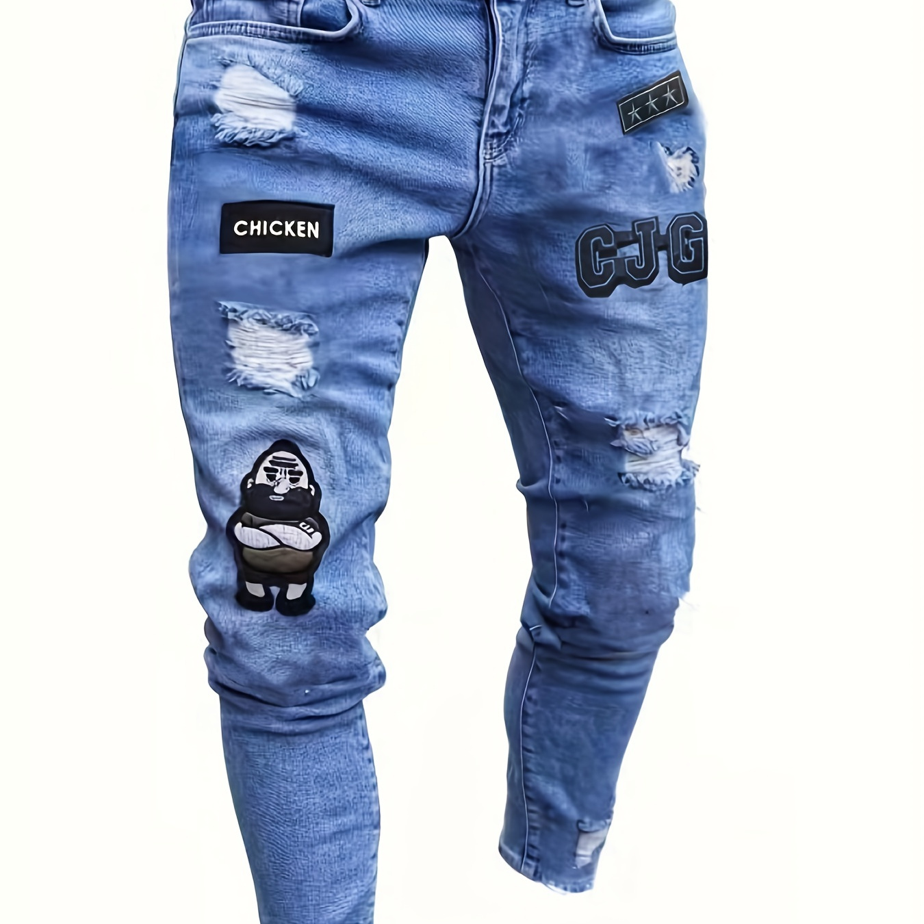 

Men's Embroidery Slim Fit Jeans, Street Style High Stretch Ripped Jeans