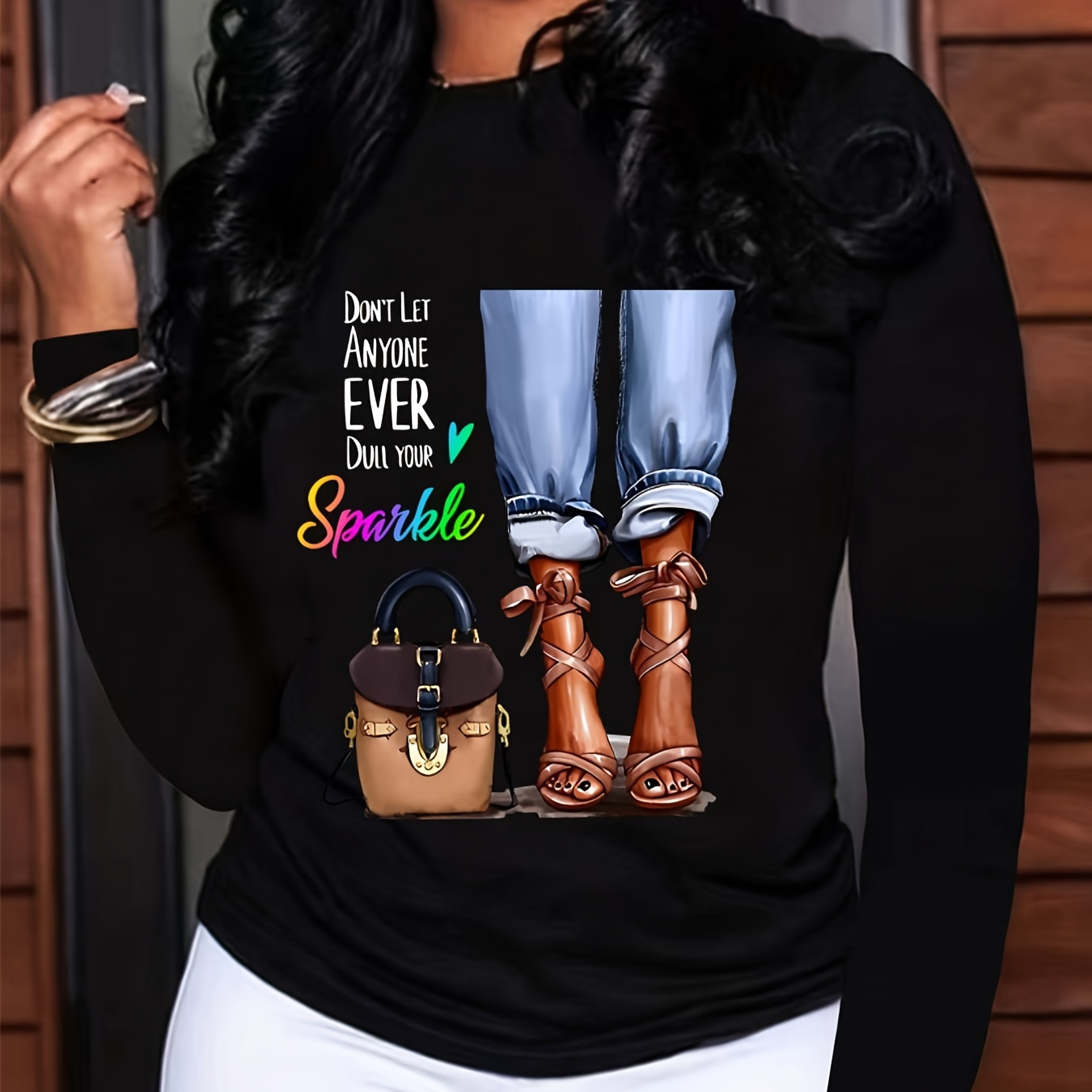 

Graphic Neck T-shirt, Casual Long Sleeve T-shirt For Spring & Fall, Women's Clothing