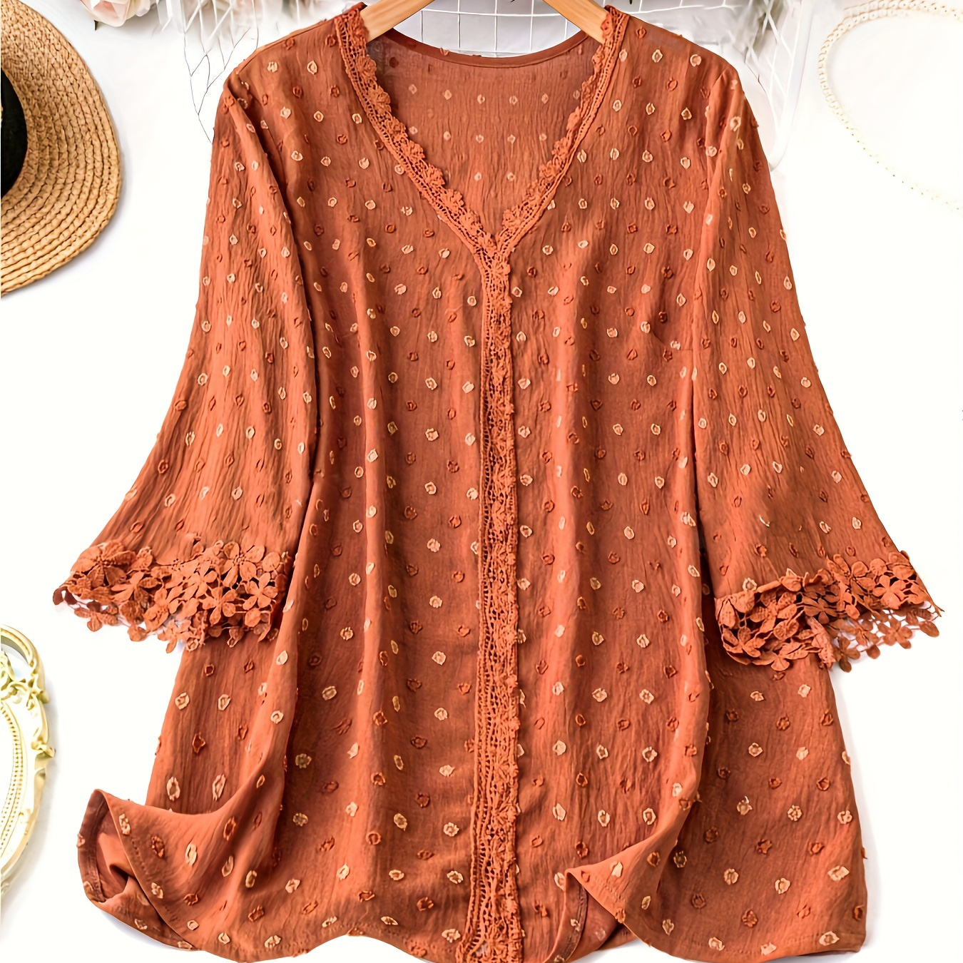 

Plus Size Swiss Dots Solid Blouse, Casual Lace Stitching V Neck 3/4 Sleeve Blouse For Spring, Women's Plus Size clothing