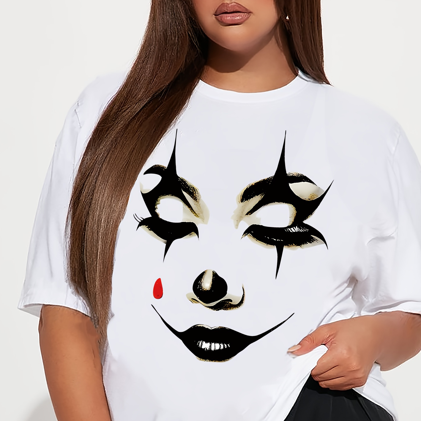 

Fashionable Clown Makeup Printed Casual Sports, Round Neck, Plus Size, Women's Clothing, Loose-fitting Short Sleeve, Women's Versatile T-shirt