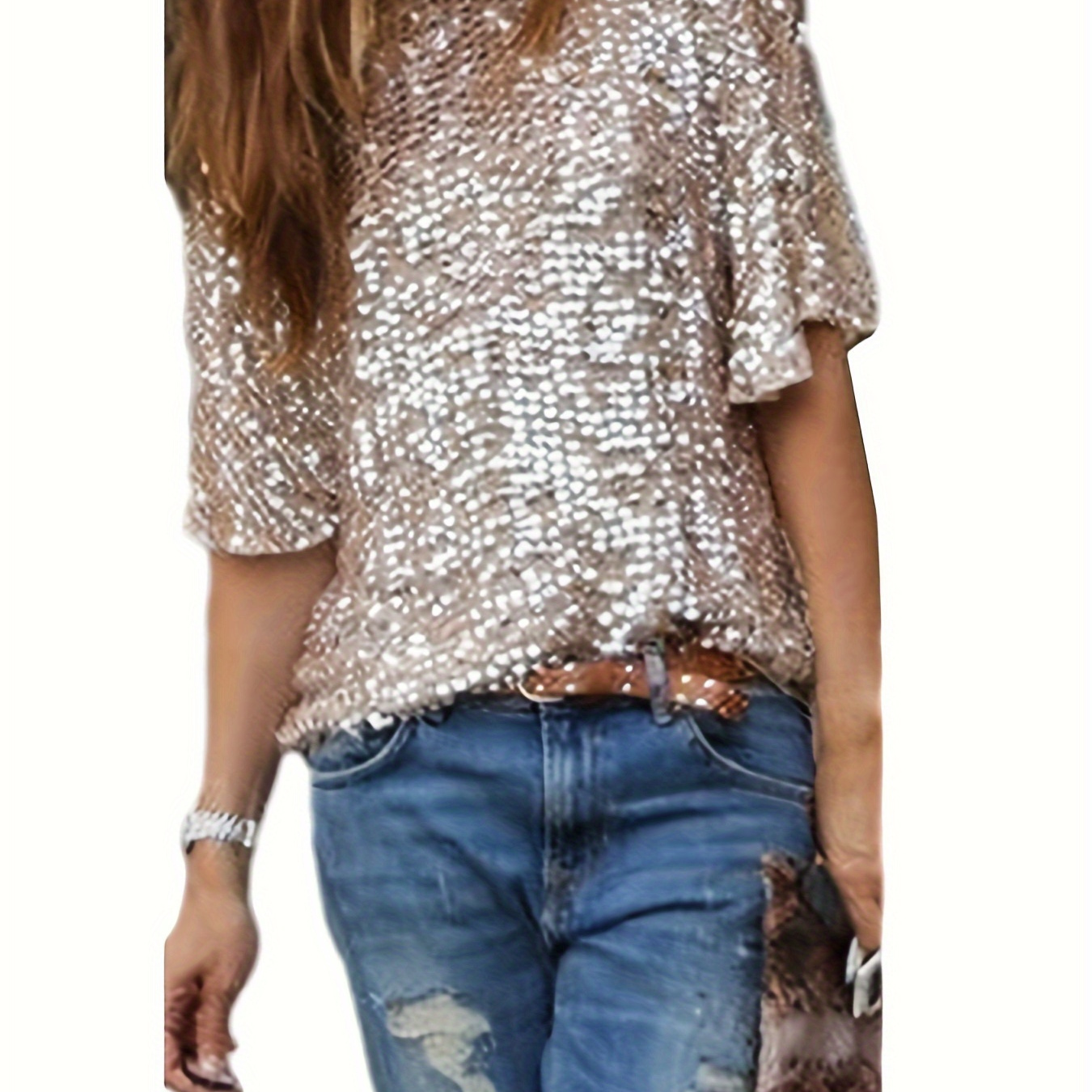

Sparkly Sequin Crew Neck T-shirt, Casual Short Sleeve T-shirt For Spring & Summer, Women's Clothing