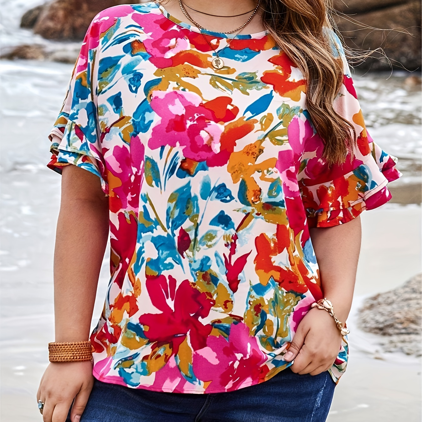 

Plus Size Floral Print Blouse, Casual Crew Neck Ruffle Sleeve Blouse For Spring, Women's Plus Size clothing