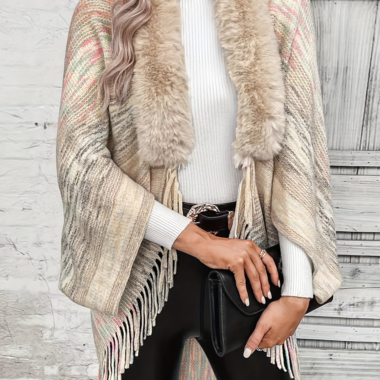 

Women' Striped V-neck Tassel Shawl Cape, Polyester 70% Acrylic 30% Knit Fabric, Long Length, Stretch, Regular Fit For Fall/winter