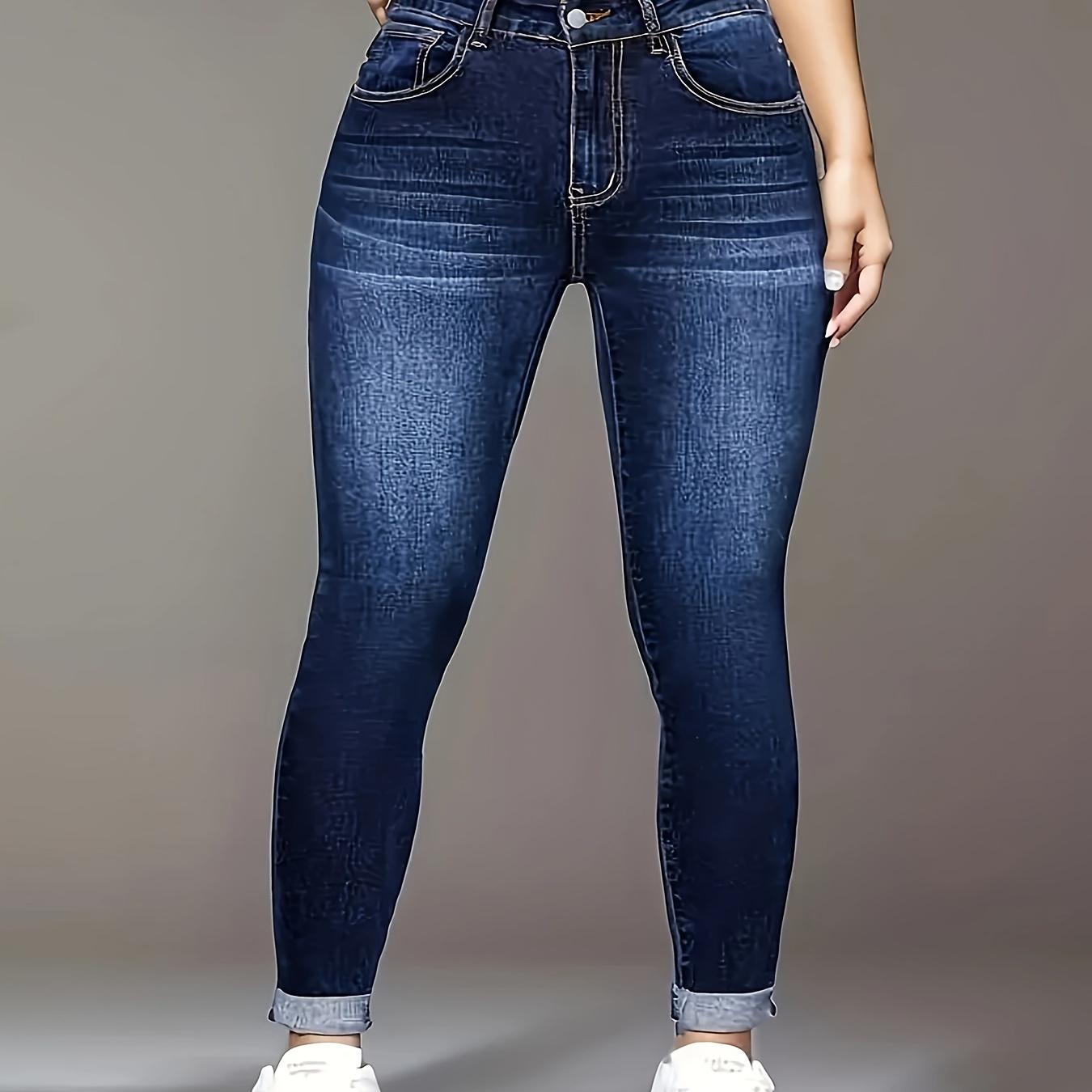 

Women's Plus Size High Waist Skinny Jeans, Stretchy Casual Style Plain Washed Denim Pants, Fashionable Slim Fit Trousers