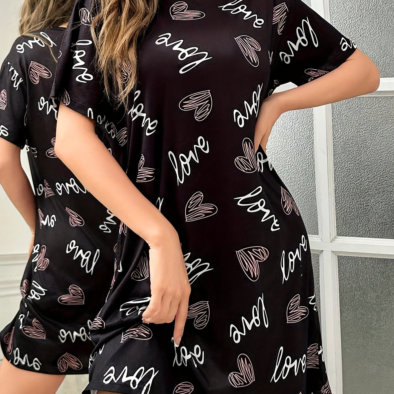 

Heart & Letter Print Nightgown, Casual Short Sleeve Round Neck Sleep Dress, Women's Sleepwear