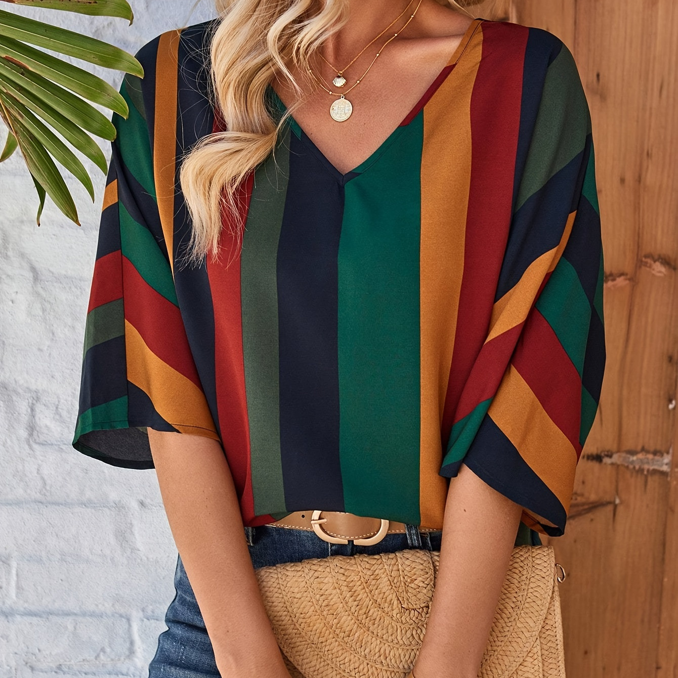 

Striped Print V Neck Blouse, Casual Three-quarter Sleeve Blouse For Spring & Summer, Women's Clothing