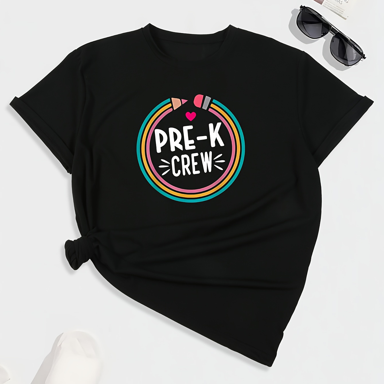 

Women's Casual Short-sleeve T-shirt, Letter Graphic Geometric Pencil Print Fashionable Comfort Fit Tee For Teacher