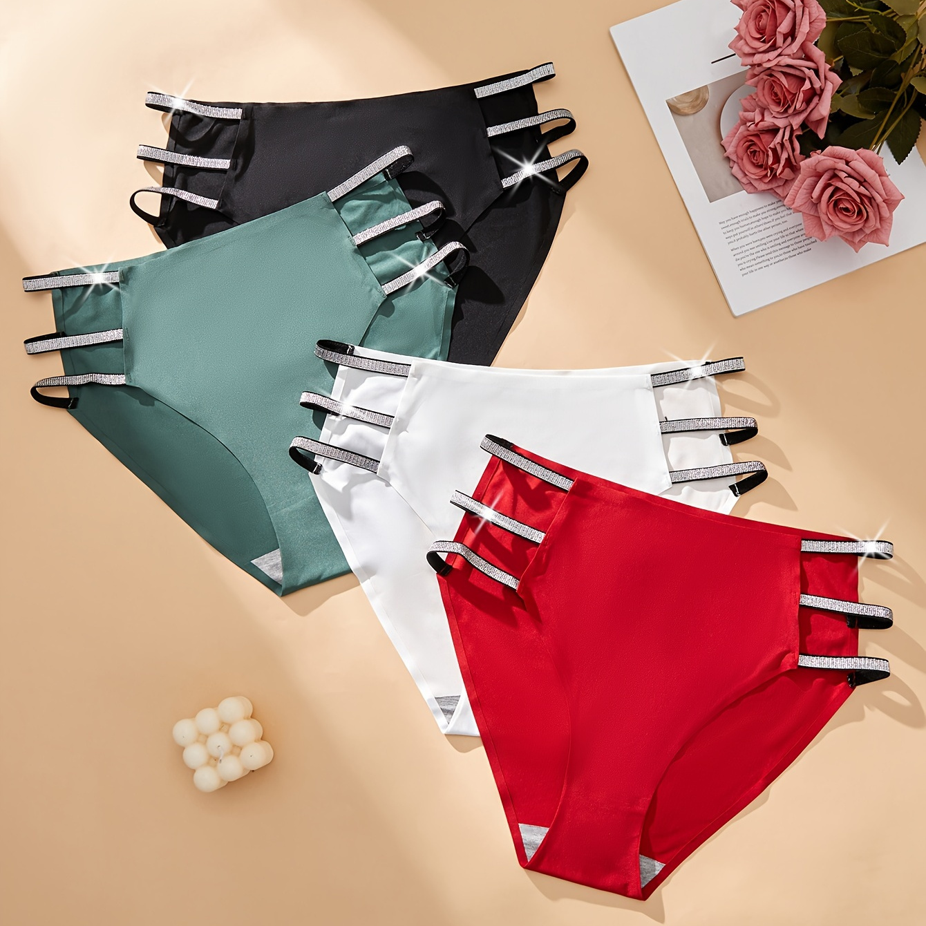 

4- Size Women's Hand Triangle Panties, Elegant Solid Color, Knit Fabric, Polyester 89%, Elastane 11%, Medium Stretch, Lash Sets