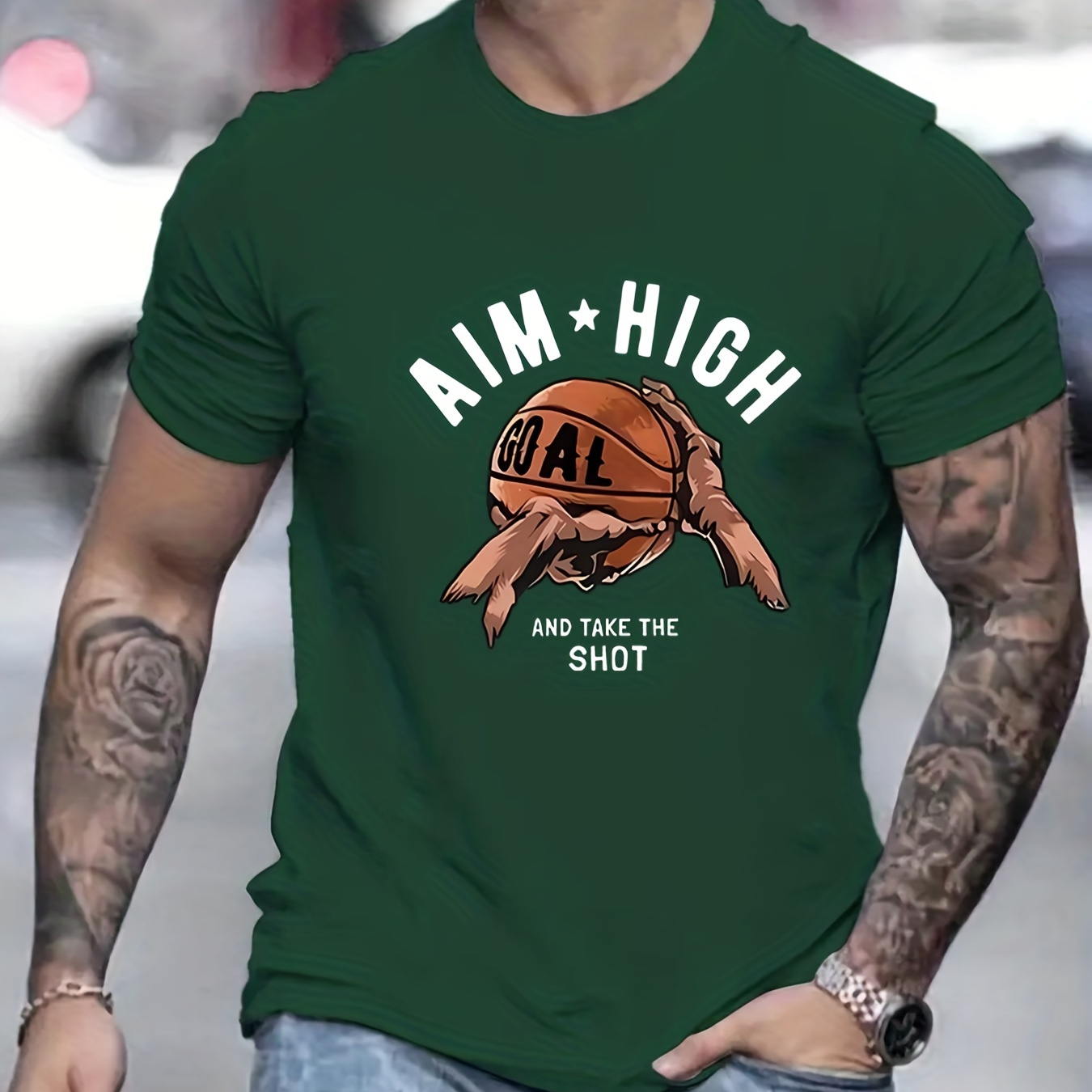 

Basketball & "aim High" Pattern Print Men's Comfy T-shirt, Graphic Tee Men's Summer Outdoor Clothes, Men's Clothing, Tops For Men, Gift For Men