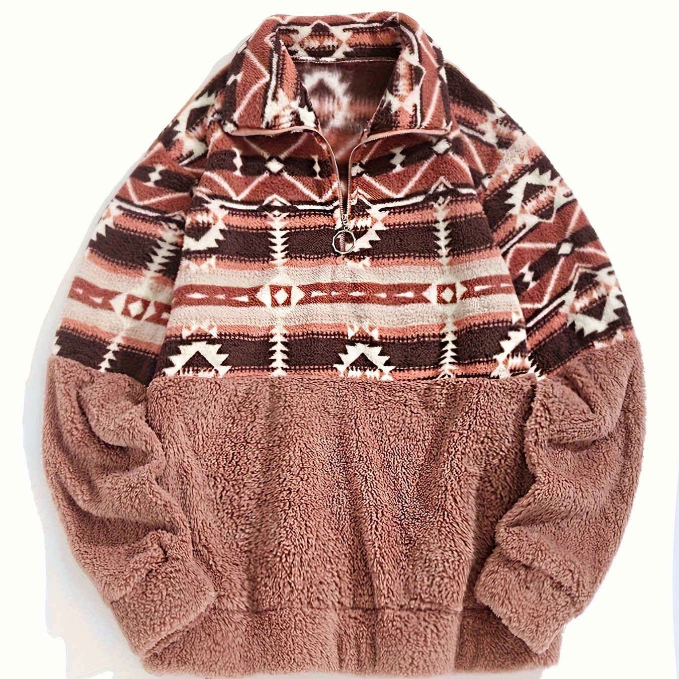 

Aztec Print Pullover Teddy Sweatshirt, Casual Long Sleeve Quarter Zip Lapel Sweatshirt For Fall & Winter, Women's Clothing