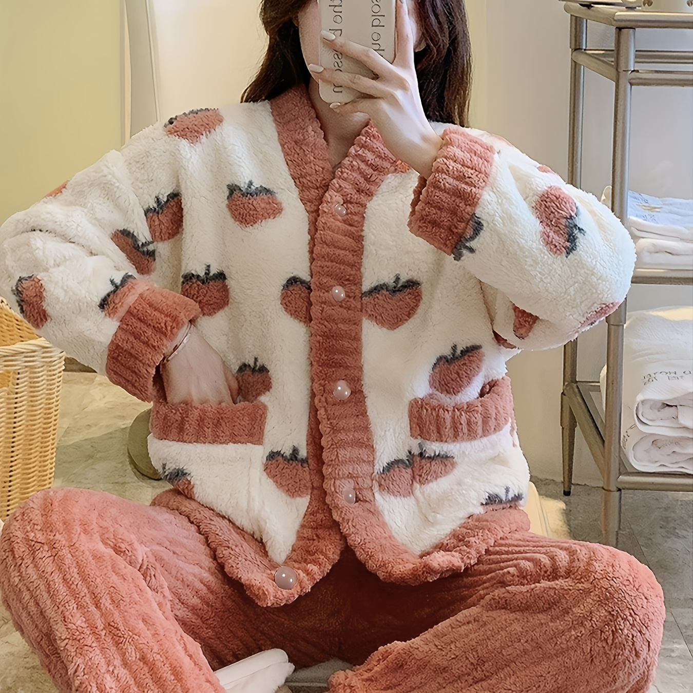 

Cute Strawberry Print Fleece Ribbed Pajama Set, Cozy & Warm Long Sleeve Button Up V Neck Top & Elastic Pants, Women's Sleepwear & Loungewear
