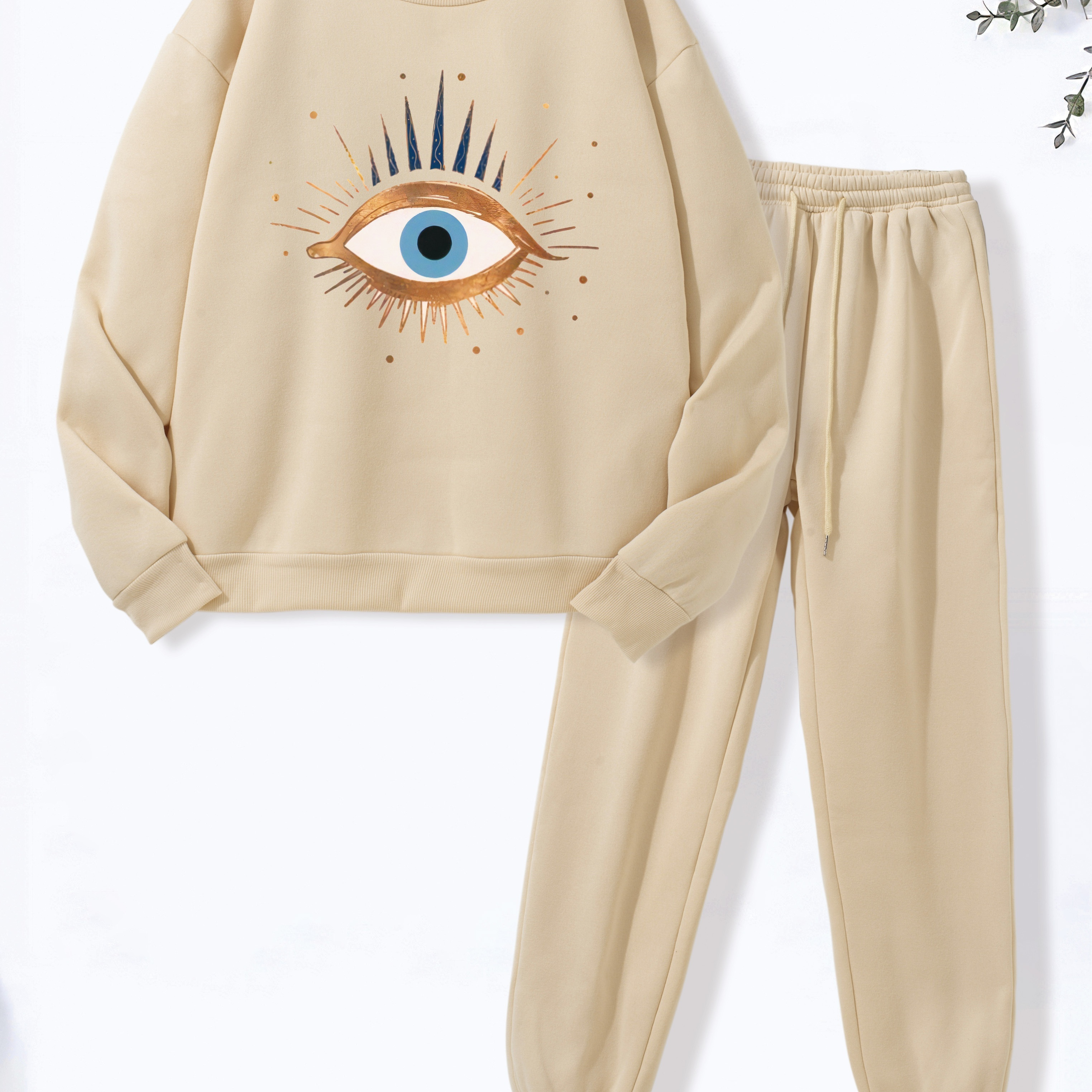 

Evil Eye Graphic Print 2 Piece Set, Crew Neck Sweatshirt & Pants, Women's Clothing