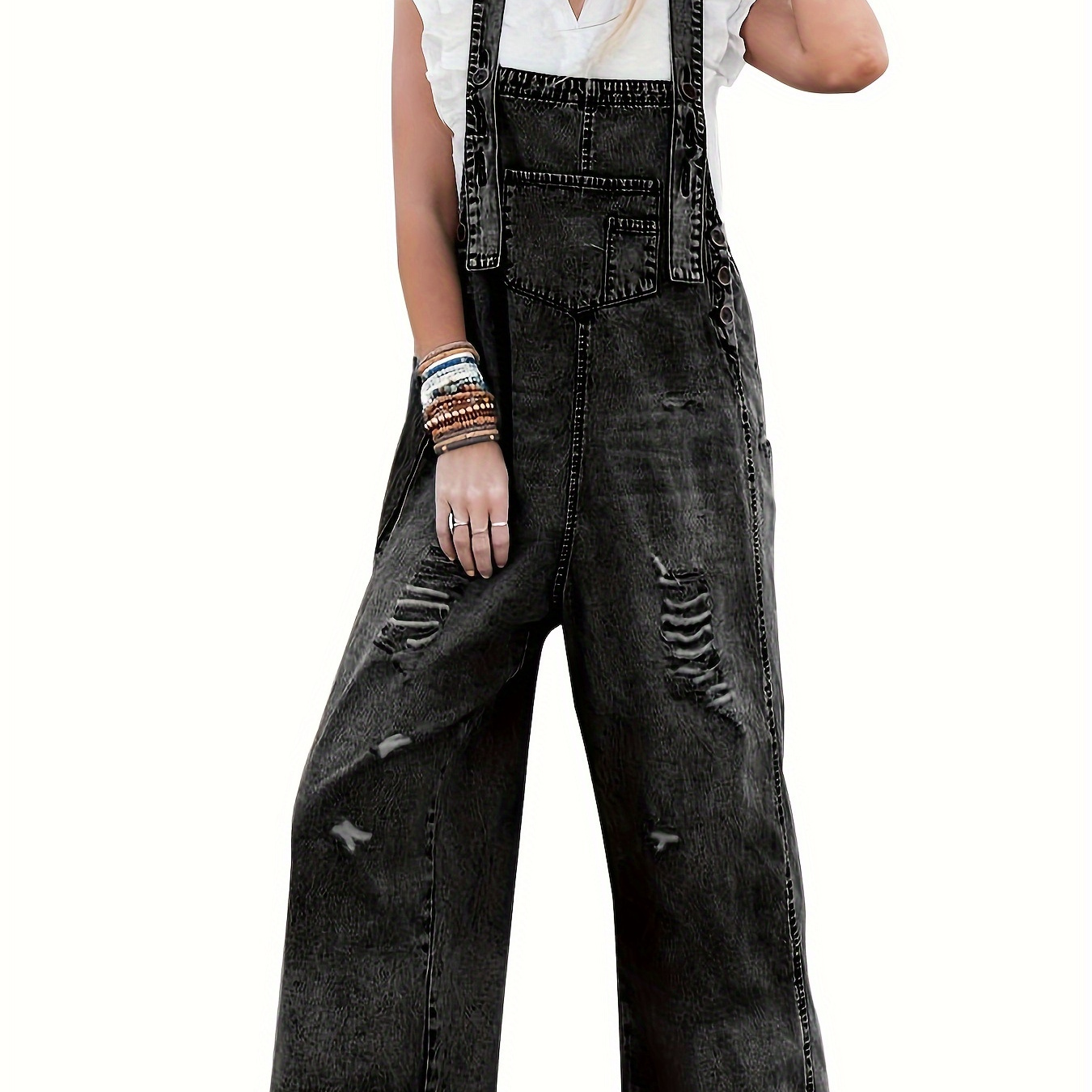 

Women's Casual Denim Overalls Loose Adjustable Strap Distressed Bib Jeans Overall Jumpsuits With Pocket