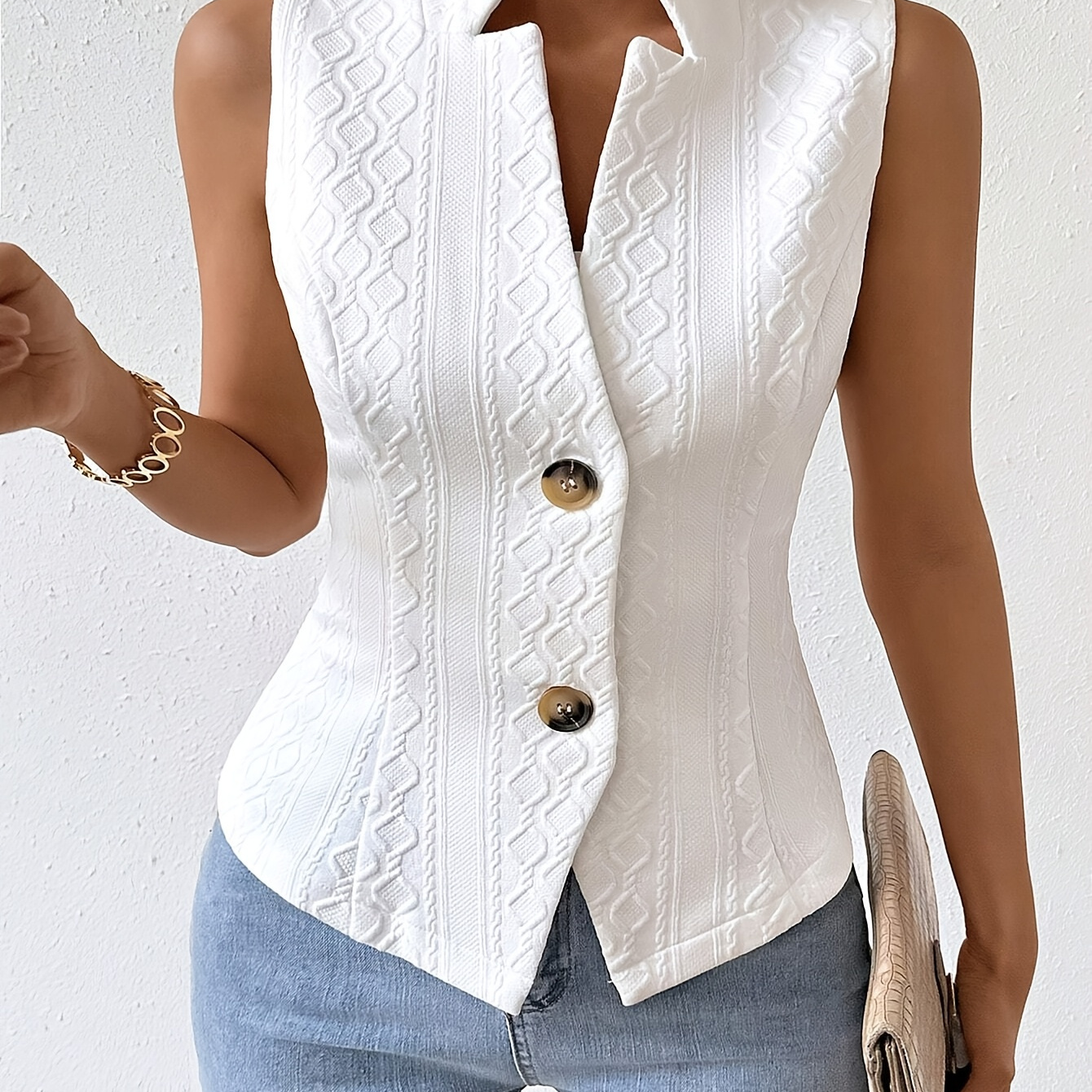 

Elegant Women's Sleeveless Sweater Vest - Chic Button-up Cardigan With Geometric Pattern, Lightweight Casual Polyester Jacket For Work & Casual Attire, Machine Washable