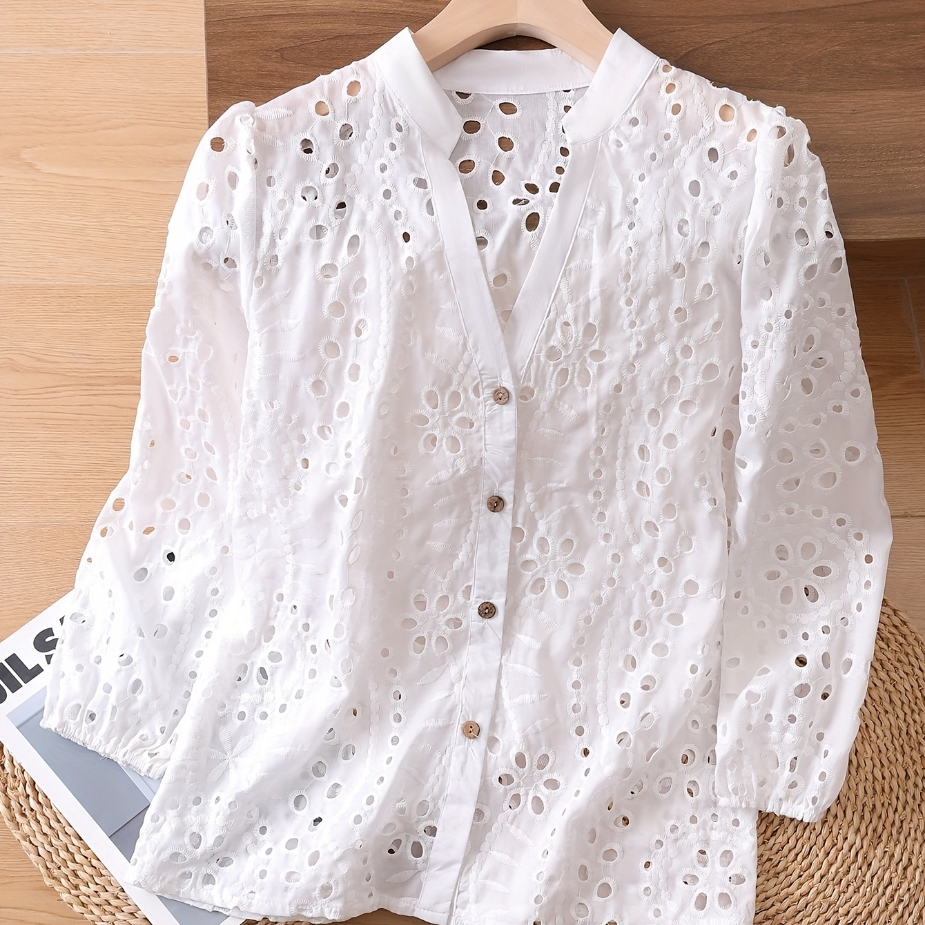 

Hollow Out Button Front Lace Blouse, Casual V Neck Long Sleeve Blouse, Women's Clothing
