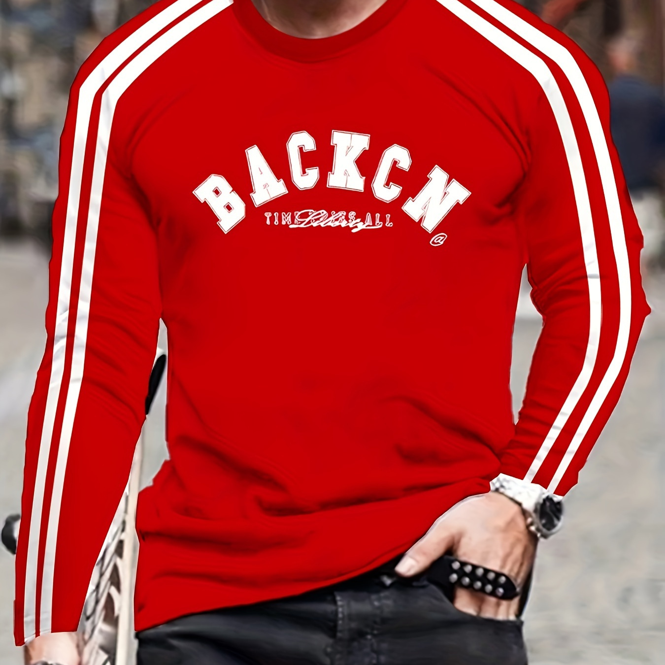 

Men's Casual Crew Neck Long Sleeve T-shirt With Backcn Letter Pattern And Side , Spring/autumn Pullover For Outing And