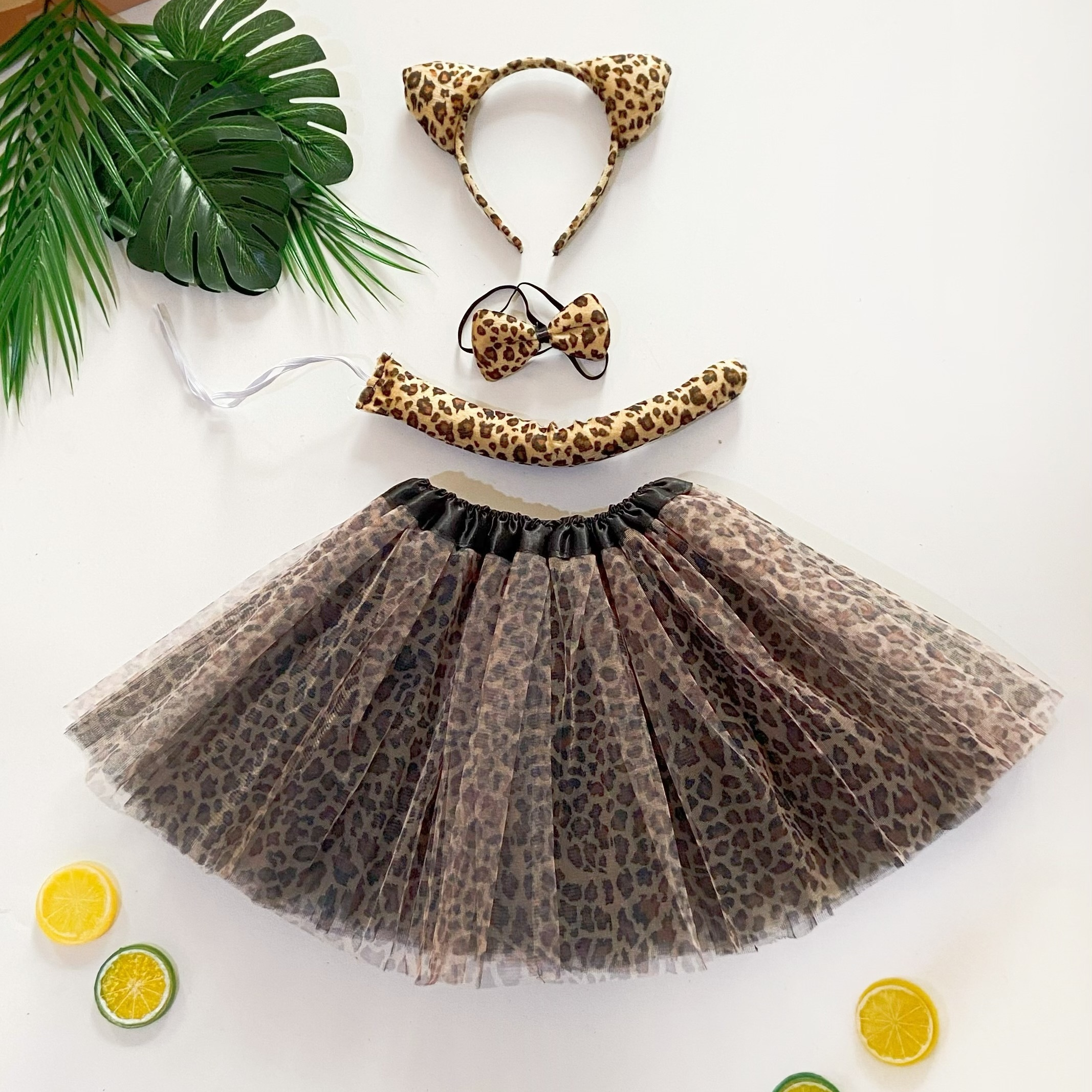 

4pcs Leopard Themed Outfits, Tutu Skirt + Headband + Tail + Bow Set For Girls Summer Party Carnival Performance Gift, 3-6y