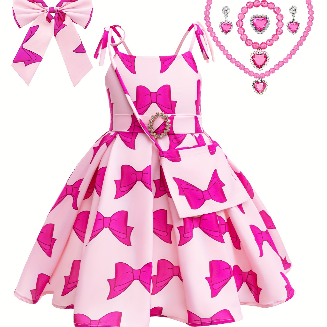 

Toddle Girl's Dress With Cute Bow Print Pattern Girl's Dress+bag+necklace+ring+bracelet+earrings+headwear