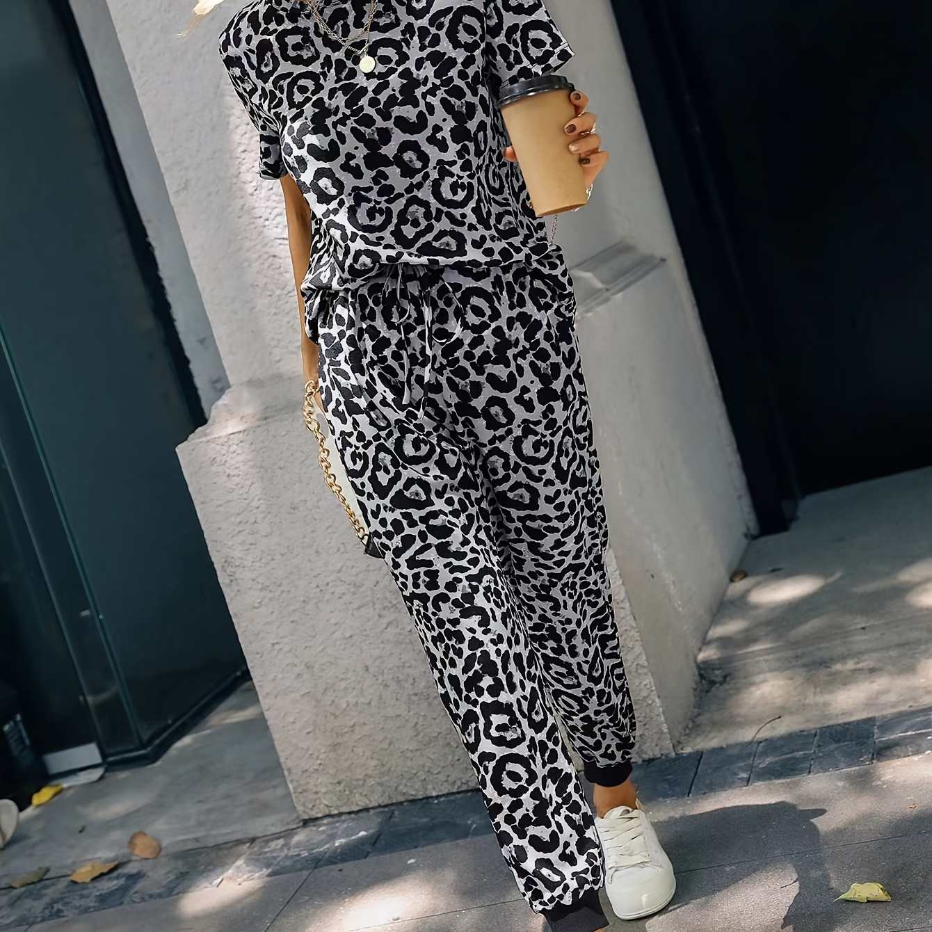 

Leopard Print Casual Pants Set, Crew Neck Short Sleeve Top & Tie Waist Pants Outfits For Spring & Summer, Women's Clothing