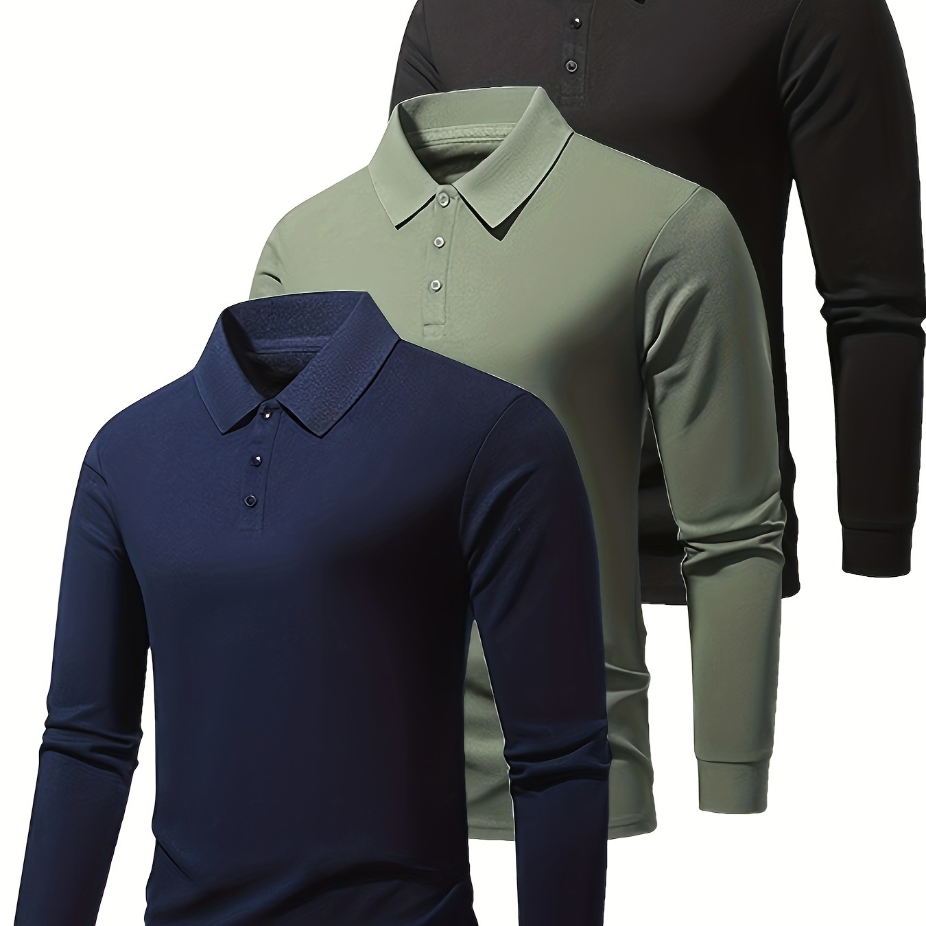 

3- de polos de golf à longues hommes - Col décontracté, tissu tricoté % , unie, élasticité, détail boutonné, toutes , - , militaire,