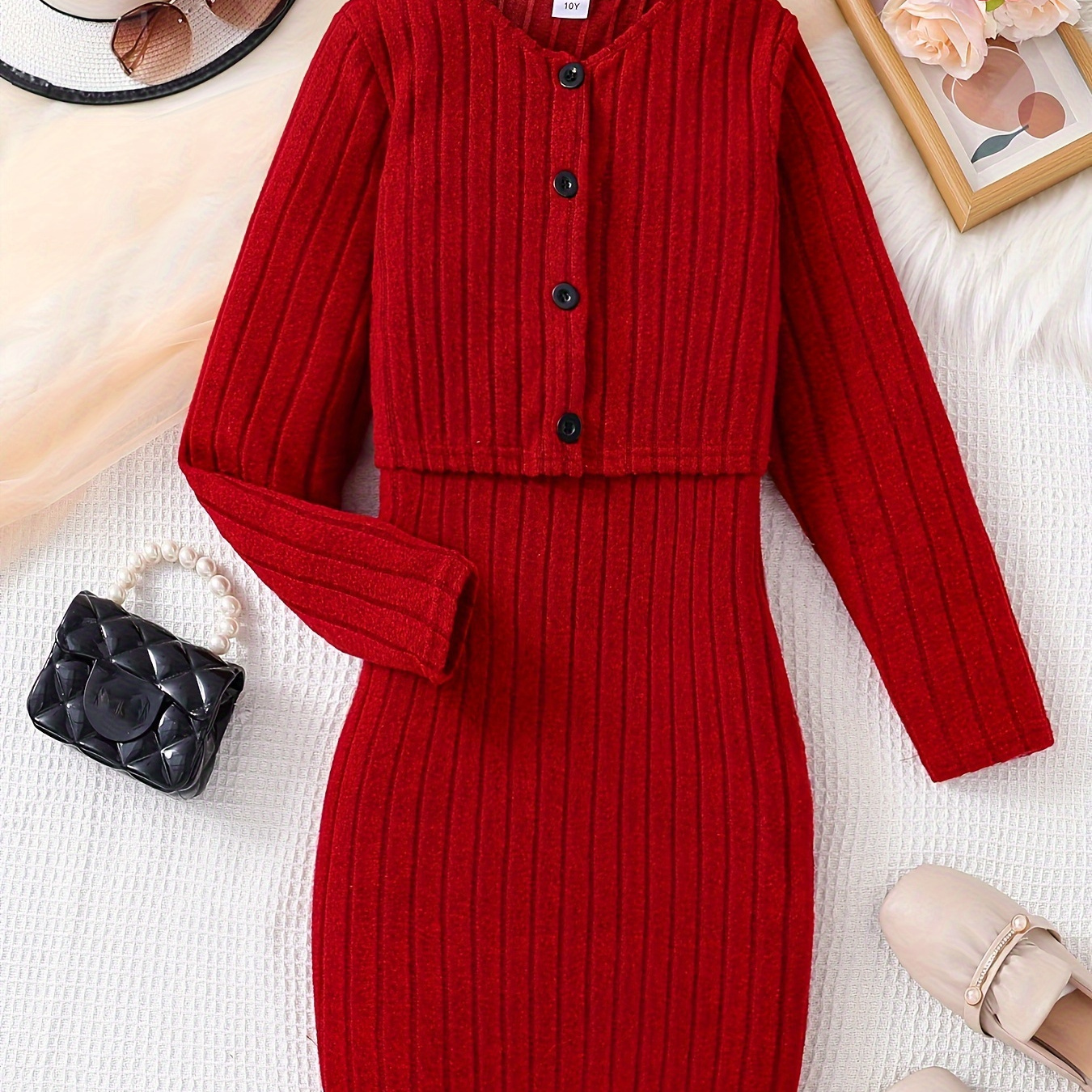 

Girl's Rib-knit Set, Button Crew Neck Knit Cardigan + Bodycon Cami Dress 2-piece Girls Spring/ Fall Clothes