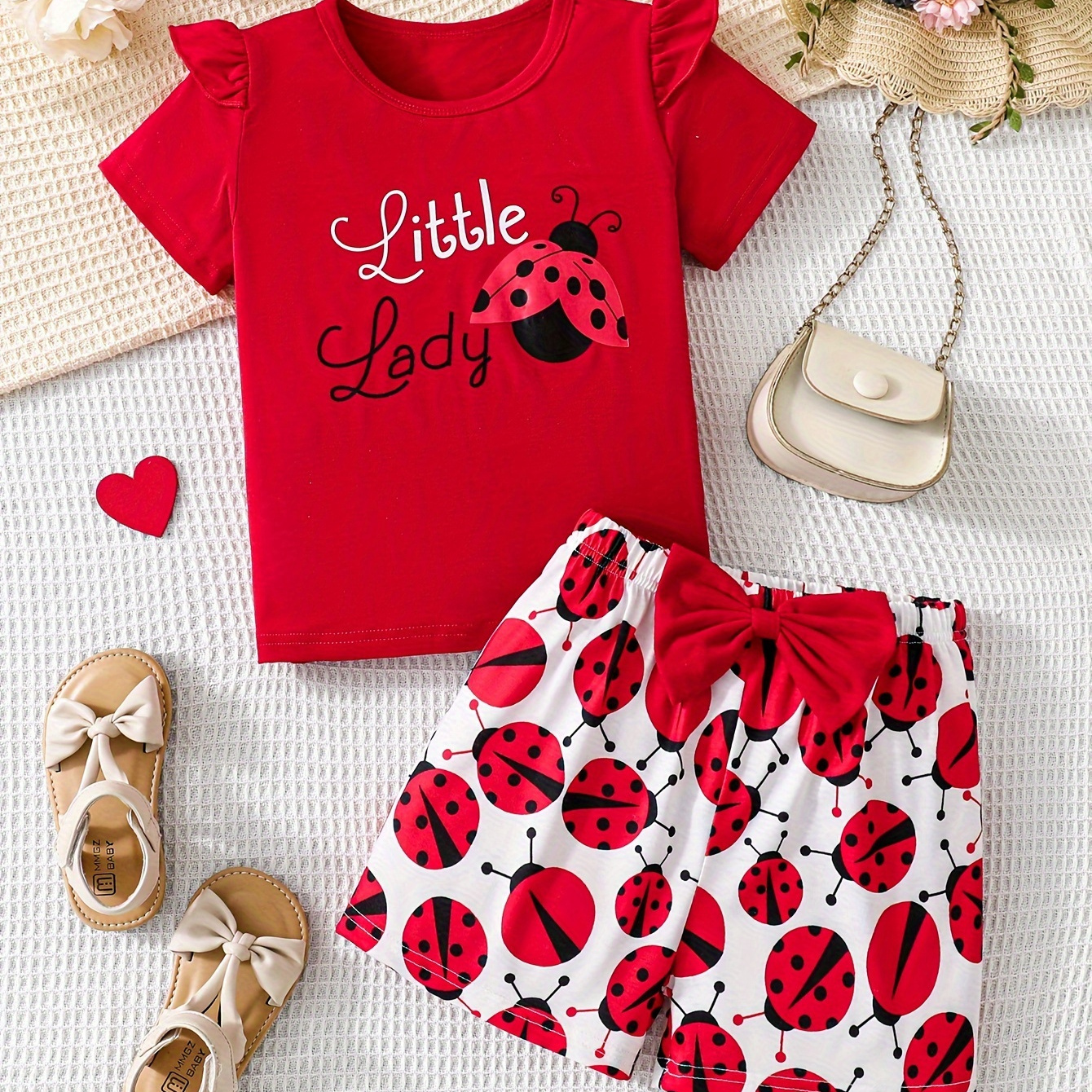 

Girls 2-piece Ladybug Print Short Sleeve Top + Shorts Set - Ideal For Holiday & Casual Outings, Summer